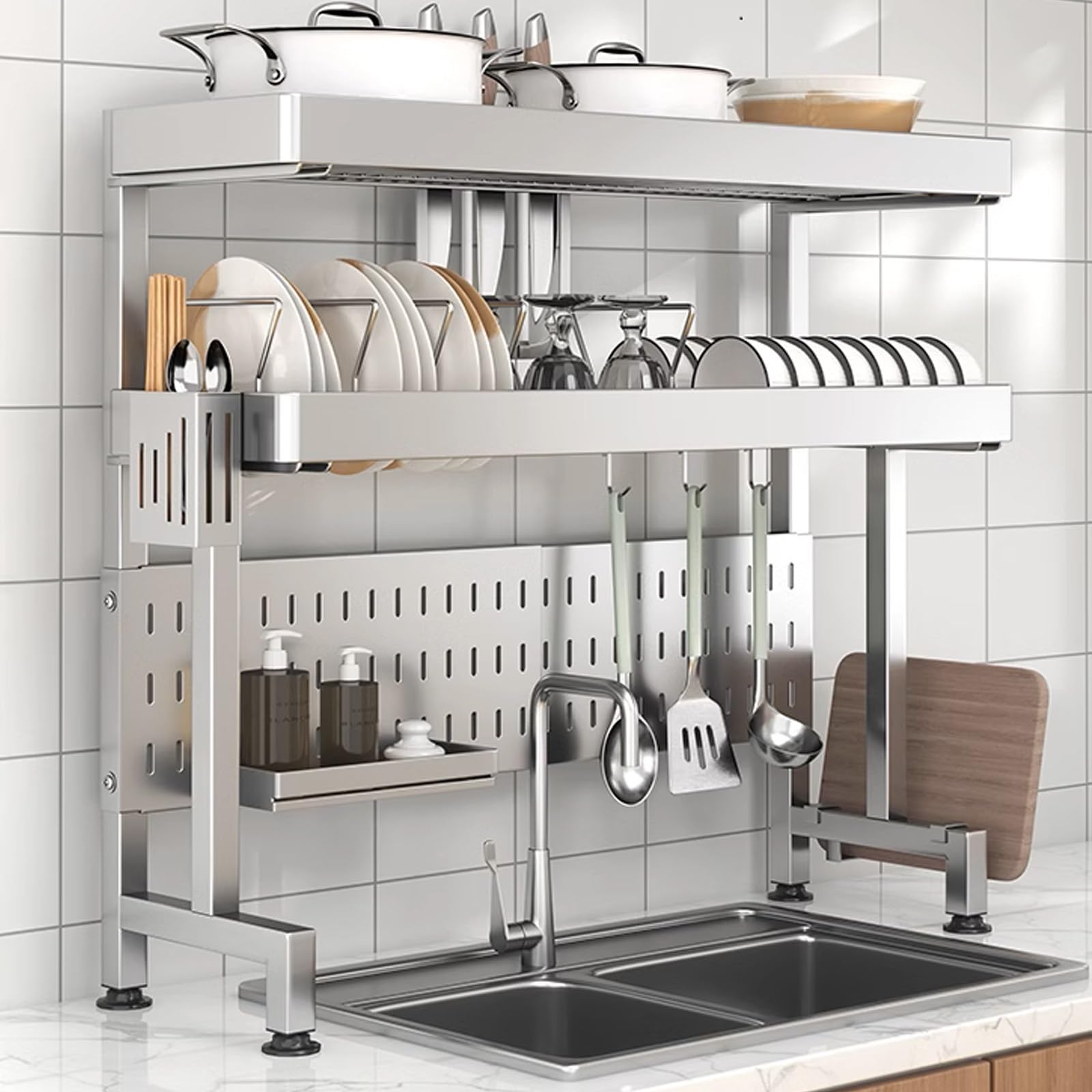 Scolapiatti a Due Livelli in Acciaio Inox con portaposate e Scomparti per Piatti e Ciotole, Ideale per Il Piano di Lavoro della Cucina. (Acciaio Inox, 86 cm)