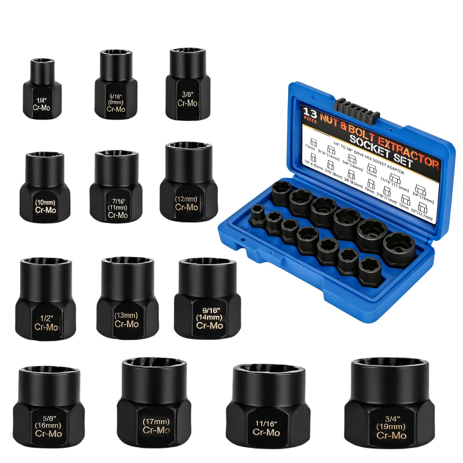 AropaeenGlowry 13-Piece Nut Extractor Socket Set - Impact Bolt & Locking Wheel Nut Remover Tool for Rusted, Damaged, Broken Nuts