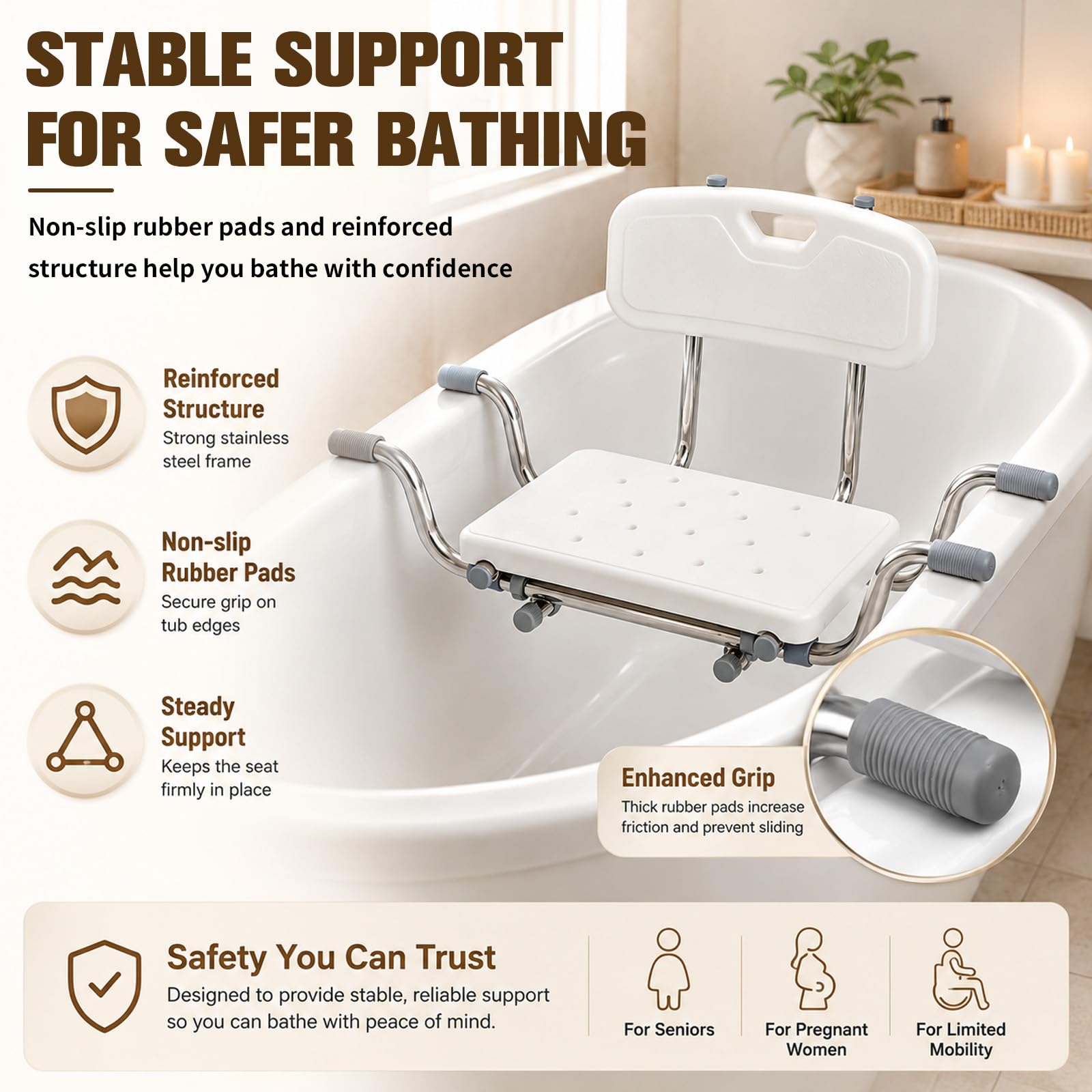 Sedile per vasca da bagno, schienale regolabile in altezza (28-35 cm), antiscivolo, portata 136 kg, larghezza 76-86 cm