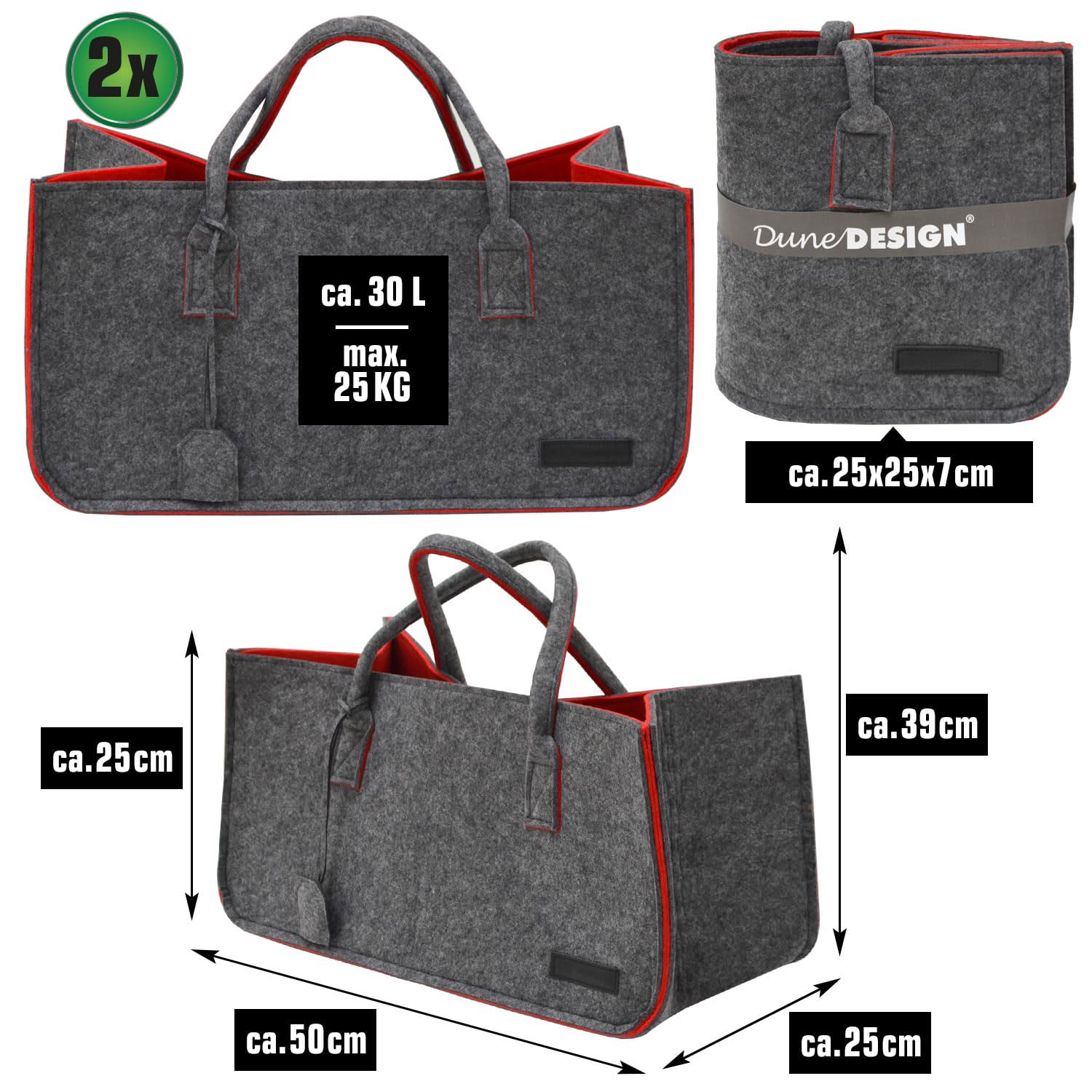 DuneDesign Fino a 25 kg: Borsa Feltro XXL - 50x25x25 Mobile Portalegna da Interno Borsa Legna per Camino Porta Pellet - Cestino Spesa Porta Coperte da Salotto Cestello Portabottiglie Cesto Biancheria