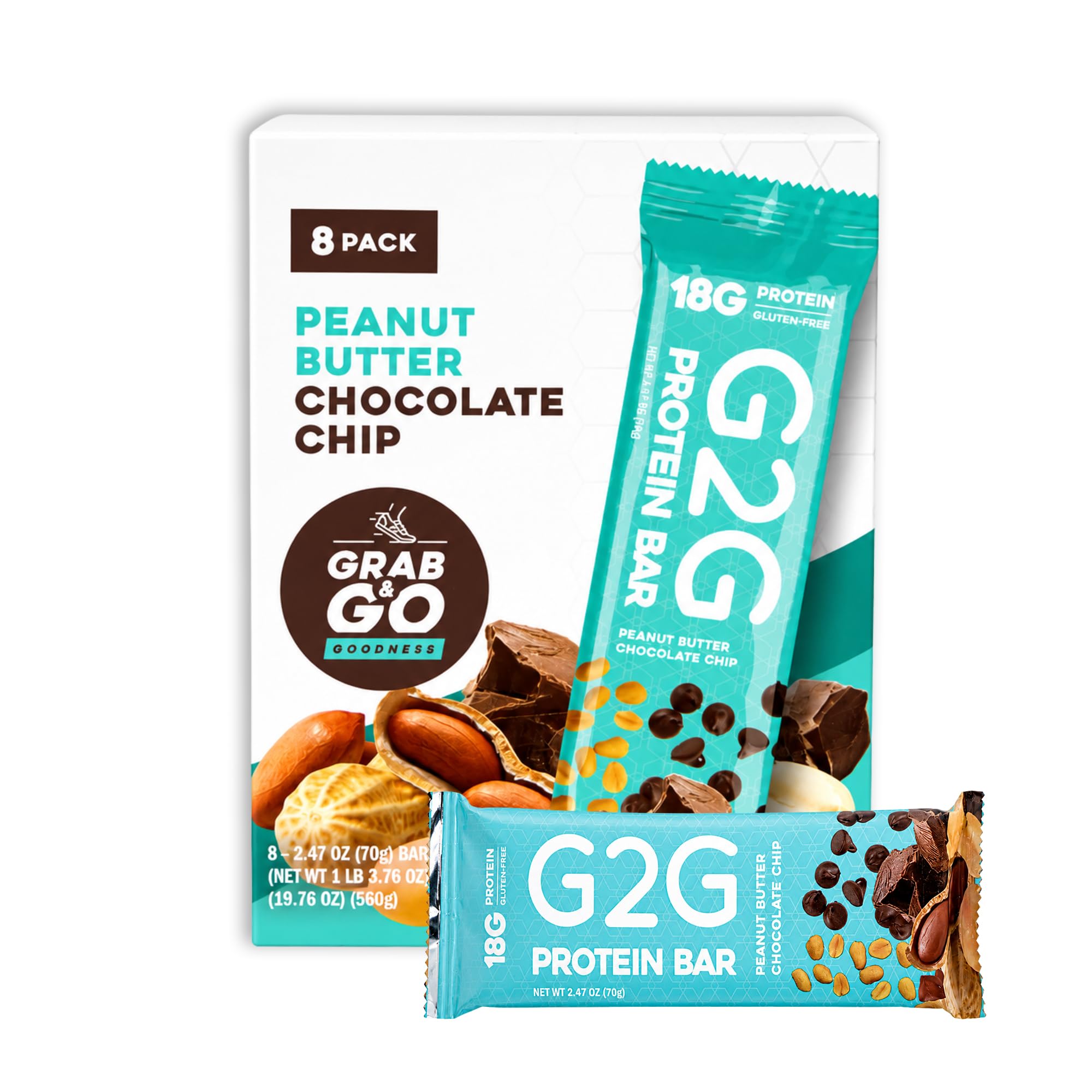 G2G Protein Bar, Peanut Butter Chocolate Chip, Real Food, Refrigerated for Freshness, Healthy Snack, Delicious Meal Replacement, Gluten-Free, 8 Count (Pack of 8)