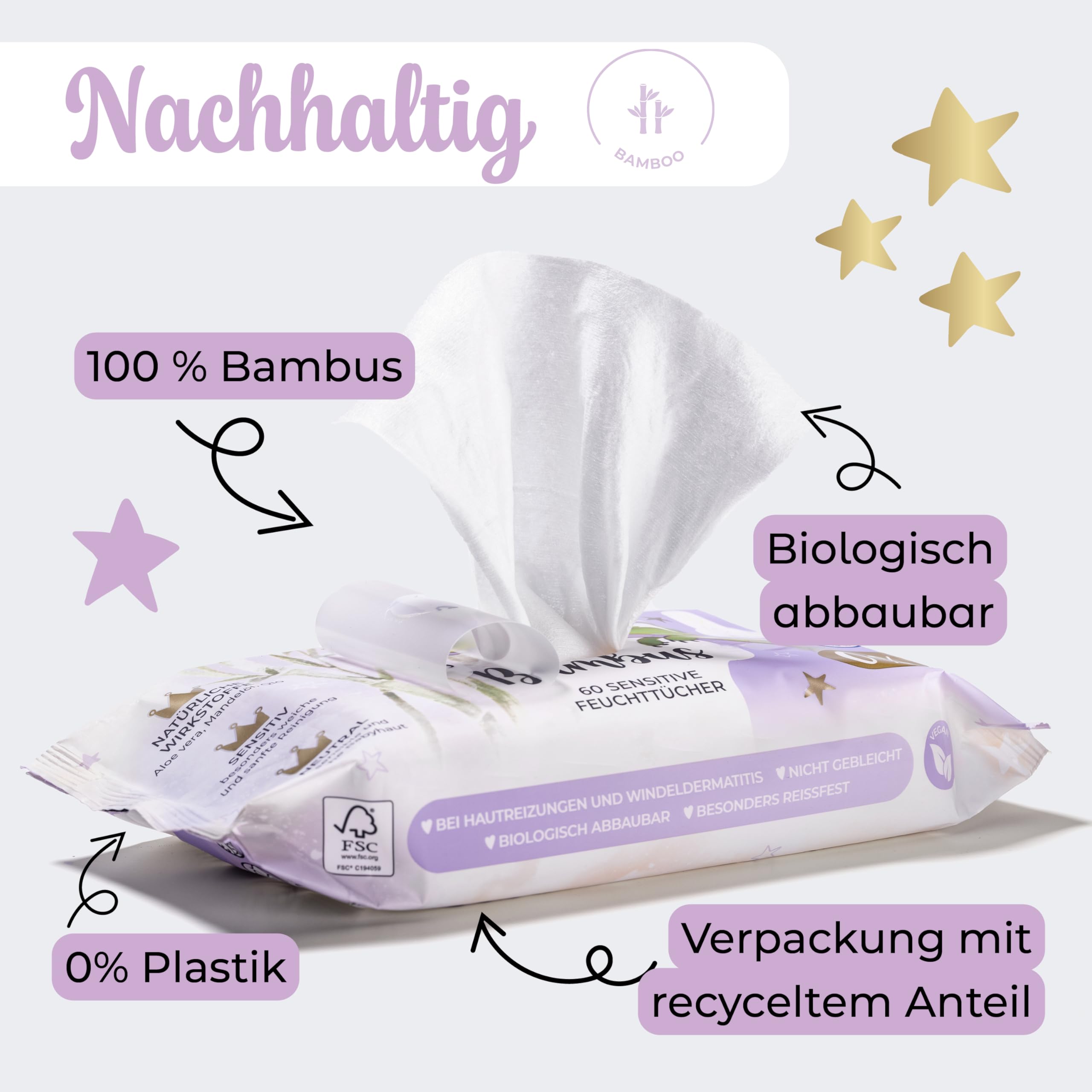 Millis Toallitas húmedas de bambú – 12 x 60 unidades – Limpieza natural suave para la piel sensible del bebé – Biodegradables, pH neutro, sin plástico, perfume y alcohol, clínicamente probado