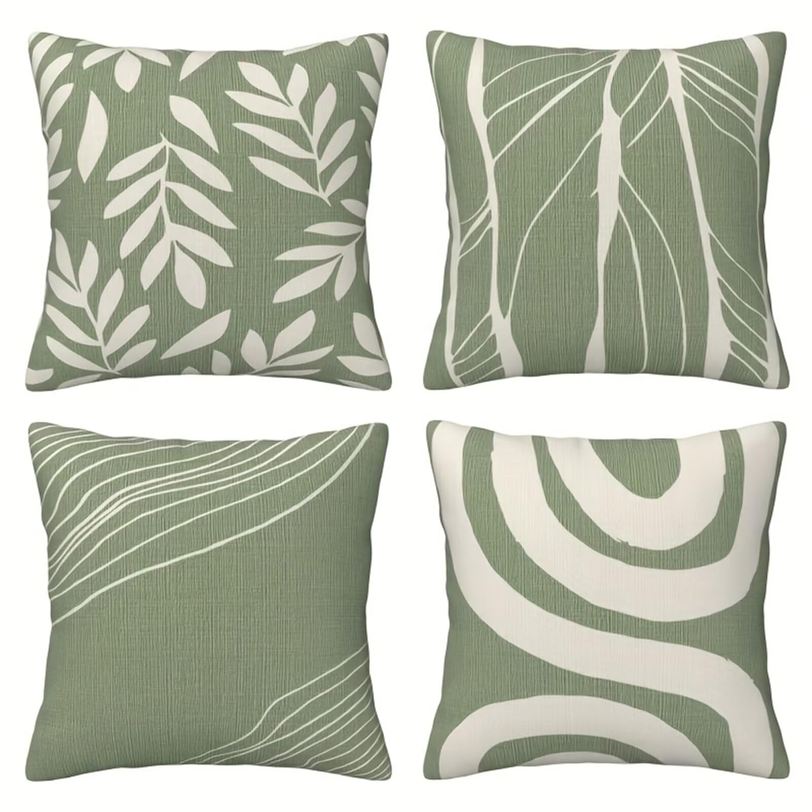 QiHon Cushion Covers 30x30 cm Set of 4 Sage-Green Leaves Linen Square Pillow Cases 12x12 inch Modern Decorative Throw Pillow Covers for Sofa Couch Bedroom Home Office with Invisible Zipper