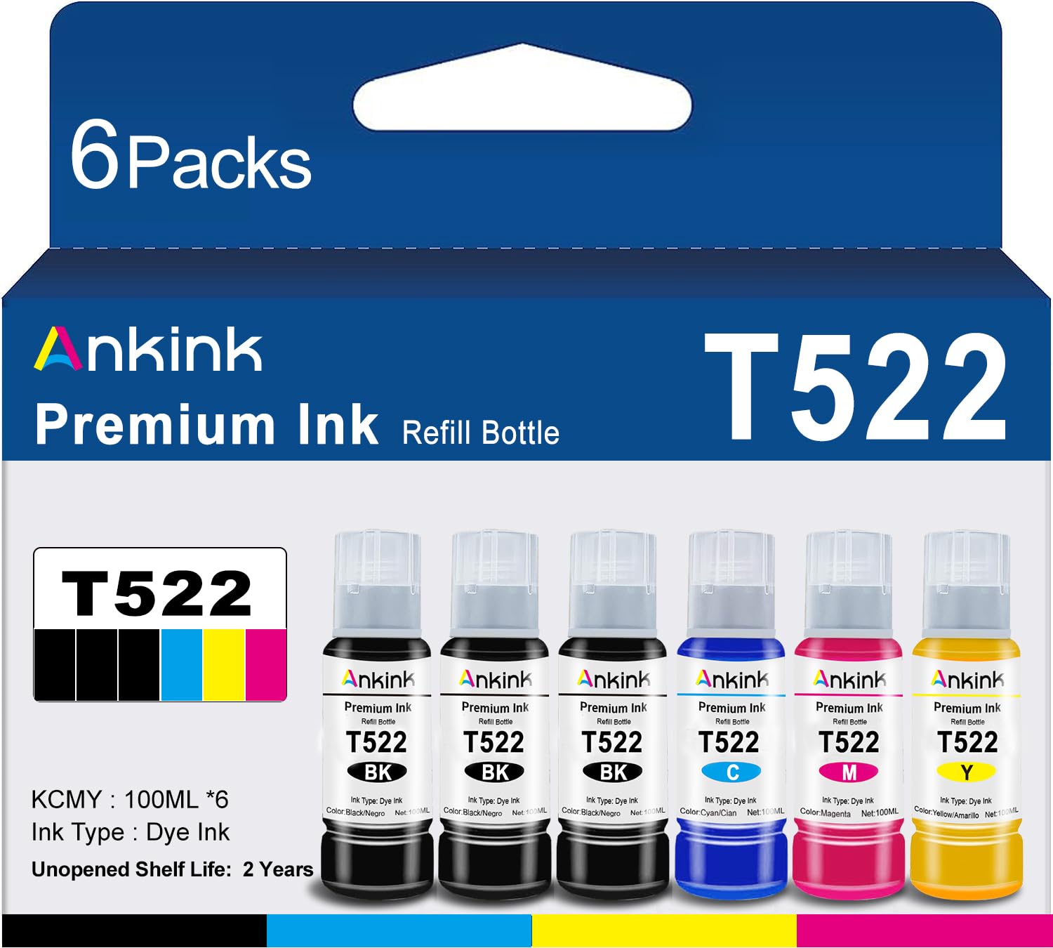 Ankink T522 Ink Refill Bottles Replacement for 522 Refill Ink Bottle Use for Ecotank ET-2800 ET-2803 ET-2850 ET-2700 ET-2720 ET-3750 ET-4800 ET-4700 ET-2750 ET-2400 ET-4810 ET-4800 Black Color 6 Pack