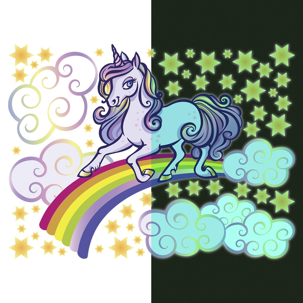 Ambiance Sticker Świecąca fosforyzująca naklejka ścienna ścienna dla dzieci fluorescencyjny jednorożec na tęczy - wys. 50 x dł. 65 cm