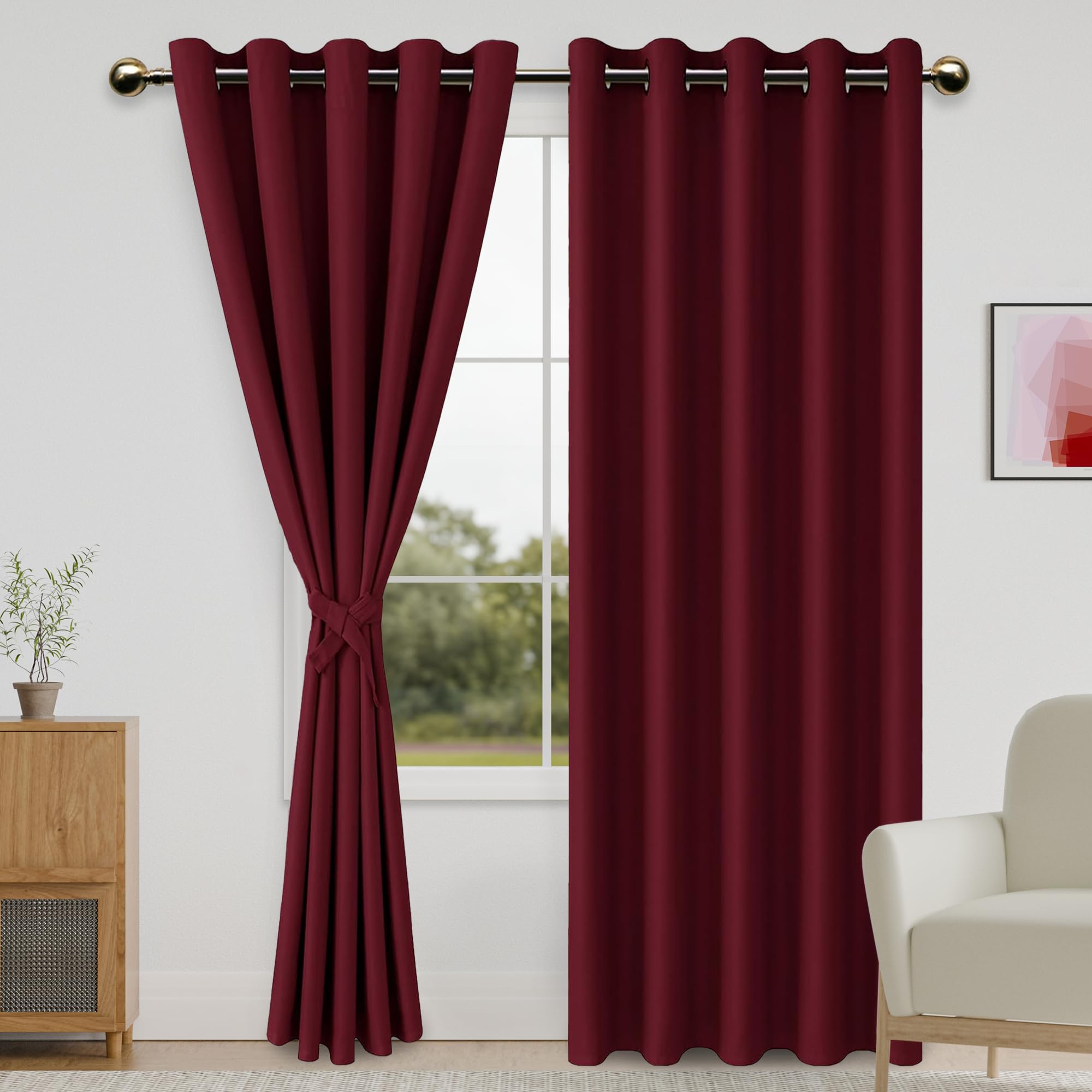 DWCN Blackout Curtains with Tiebacks - Thermal Insulated Privacy Protection Grommet Window Curtains for Living Room Bedroom, 60 x 84 inch Length, Burgundy, Set of 2 Panels — image 1