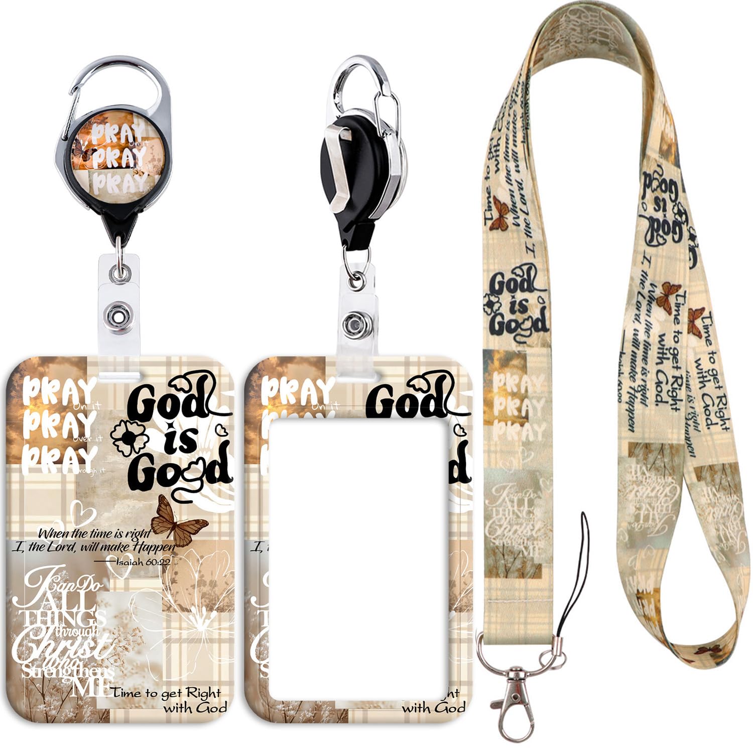 Christian-Themed Lanyard with Card Holder Vintage Aesthetic Vertical ID Badge Holder Card Sleeve with Retractable Reel Clip for Nurse Teacher Office Staff Work Cruising, Brown Butterfly Illustration