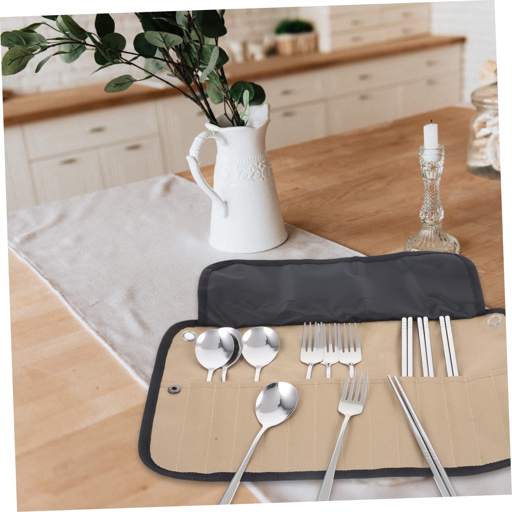 Set Utensili da Campeggio Borsa, Metallo Inossidabile e Nailon, Posate Portatili per Escursioni, Cucina Esterna, Trekking e Picnic