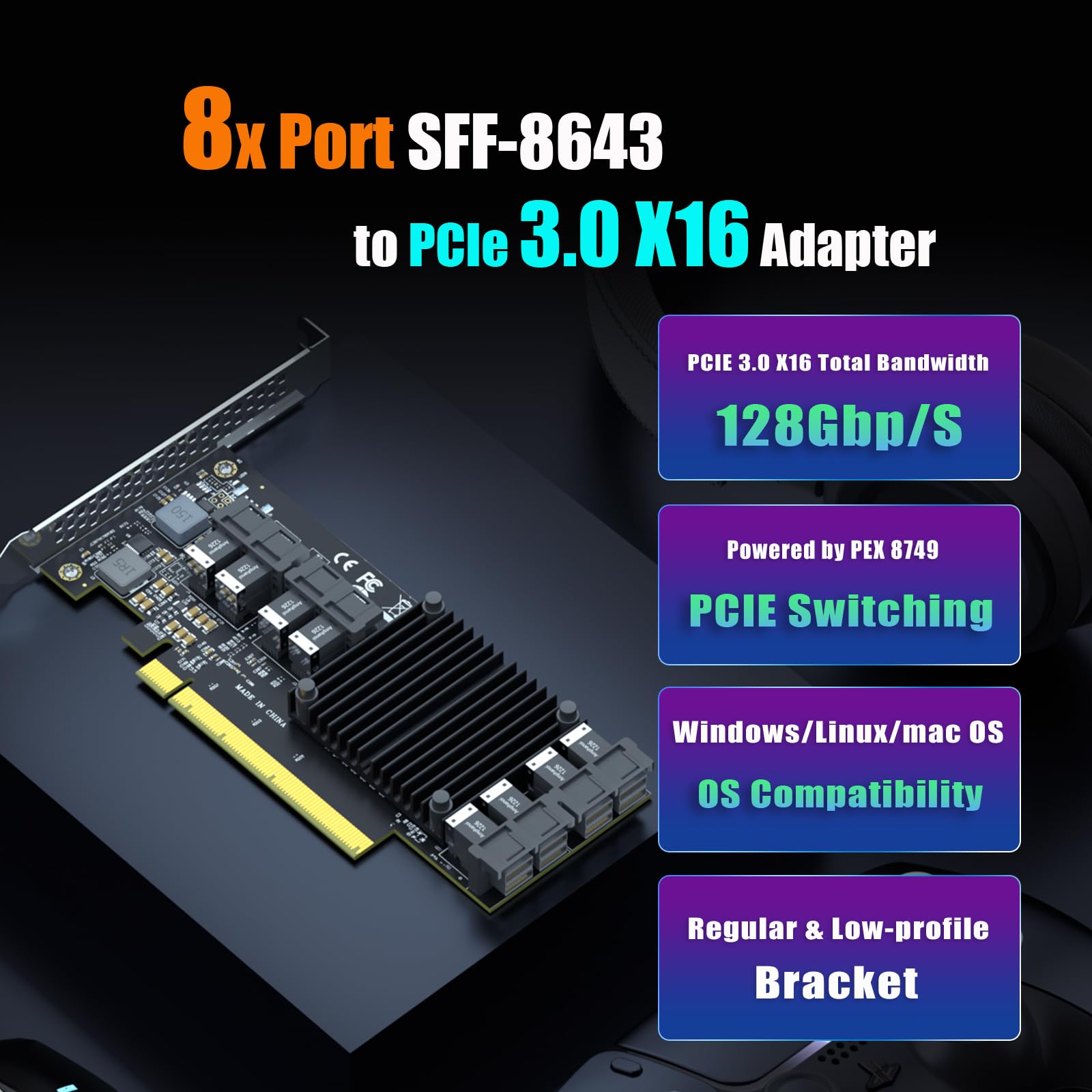 GLOTRENDS ST538 8-portowa Karta adaptera SFF-8643 na PCIE 3.0 x16 z kontrolerem PEX8749 do rozwiązania pamięci masowej RAID U.2/U.3/M.2 NVMe o wysokiej gęstości