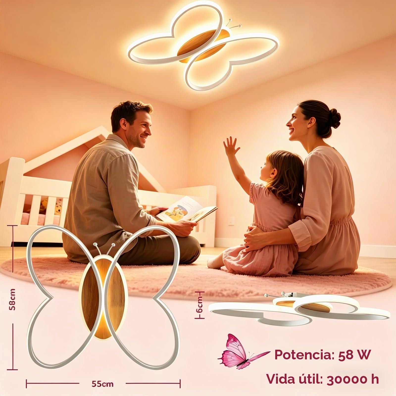 Lampara Infantil Techo, LED Lámpara de Techo Habitación Infantil con Mando a Distancia con Función de luz Nocturna, Plafon Led de Butterfly (Blanco, 38CM)