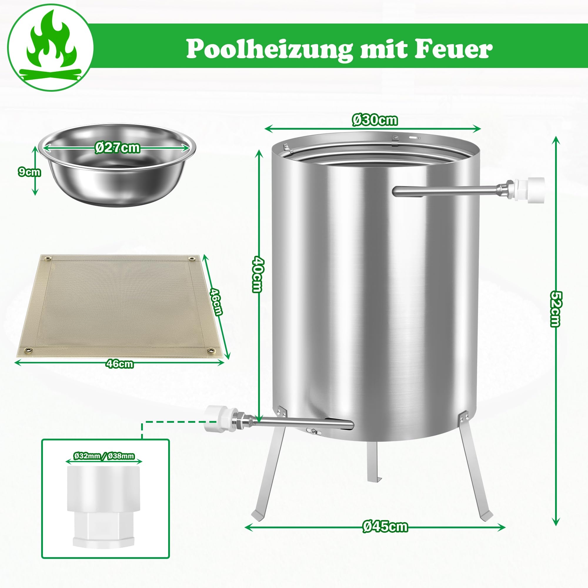 SUBTLETY Riscaldatore per piscina in acciaio inox con fuoco e spirale di riscaldamento, con connettori Ø 32/38 mm, per piscina e legna da ardere, riscaldamento per piscina da 12 l, per esterni