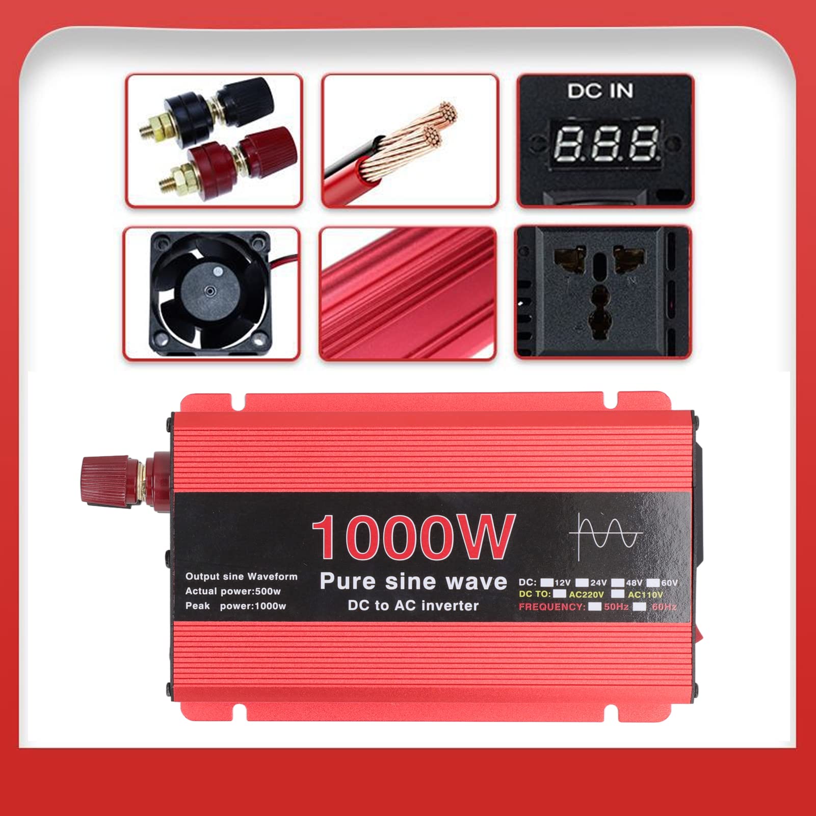 Inverter di potenza, convertitore di inverter per auto a onda sinusoidale pura Ventola incorporata 1000W DC 12V a AC 220V Ampia compatibilità per barca