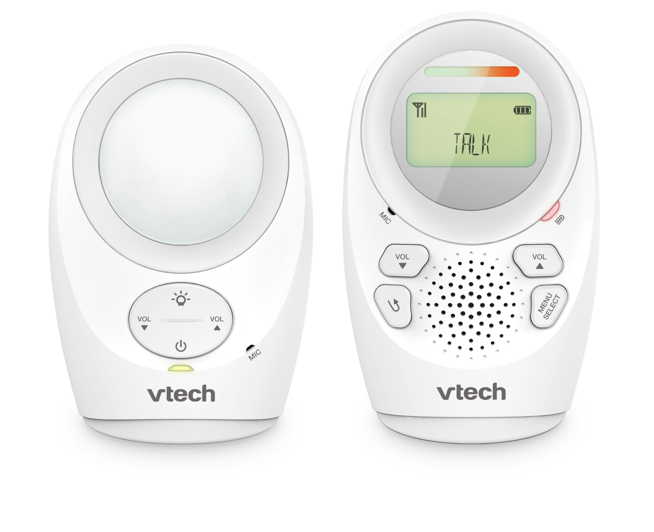 VTech DM1211 Monitor de Audio para bebé, Largo Alcance, Monitor de bebé con conversación bidireccional, Pantalla de Nivel de Ruido, Sensor de Temperatura, Sonidos relajantes, Clip para cinturón de