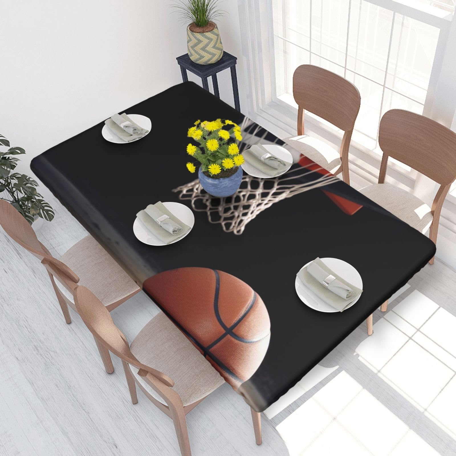 DCARSETCV Sports Basketball Printed 4FT Waterproof Tablecloth with Elastic Edged Protect & Decor Your Table, Oil-proof Washable Table Cloth Cover for Dinner Picnic Party
