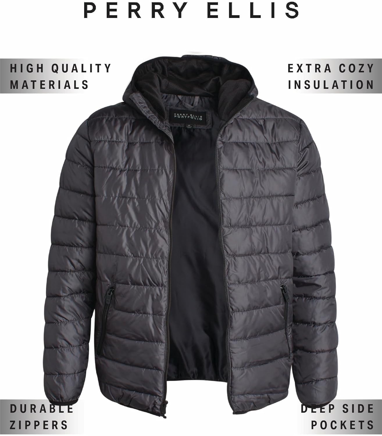 Perry Ellis Mens Puffer Jacket - Quilted Packable Down Winter Jacket with Hood - Lightweight Winter Coat for Men