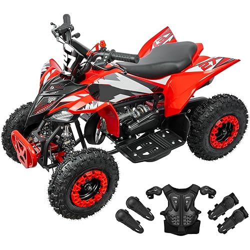 Gas ATV 49cc Quad Bike with Parental Speed Control - Hydraulic Disc Brakes, Emergency Kill Switch & Full Safety Gear Set - 15 MPH Red