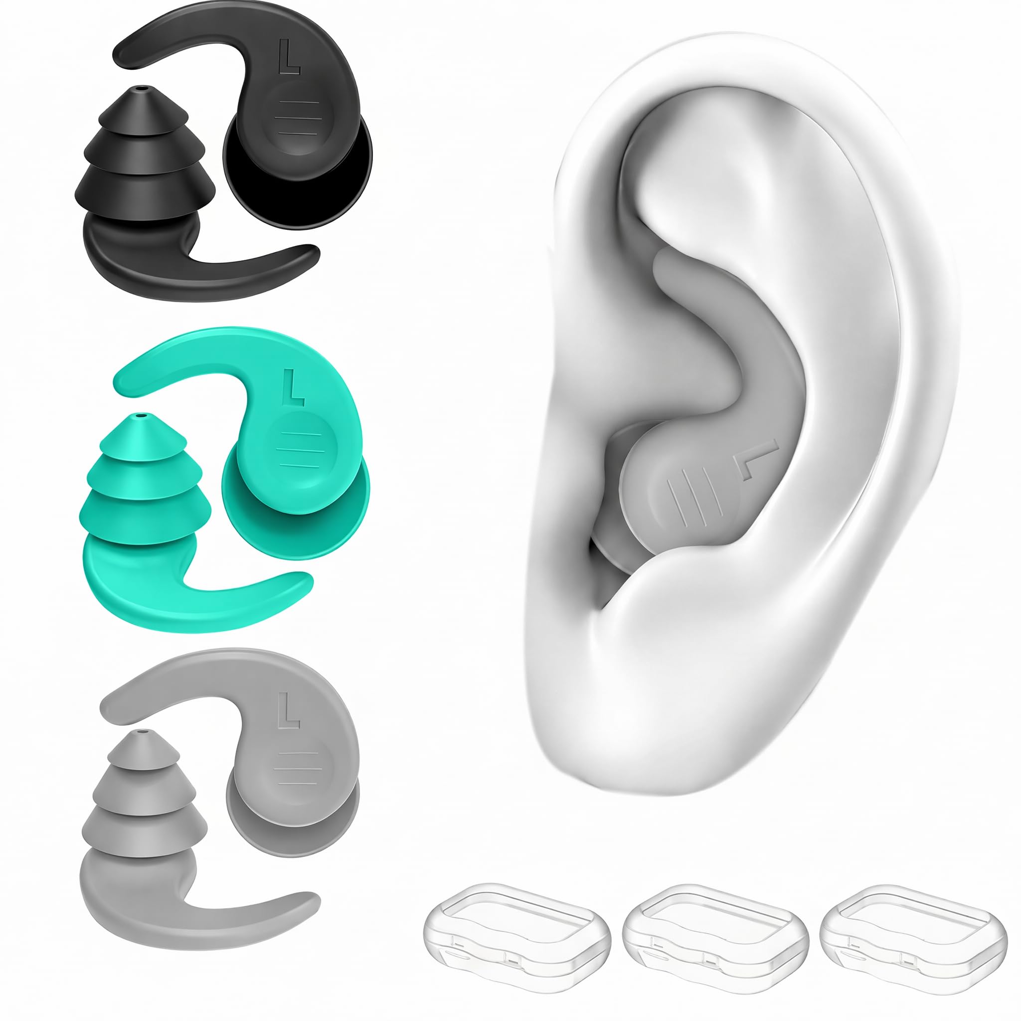 Boyfield Swimming Ear Plugs, 3 Pairs Waterproof Ear Plugs for Swimming Ear Plugs Adults, Reusable Silicone Ear Plugs Swimming for Surfing Showering Water Sports (Black+Green+Grey)