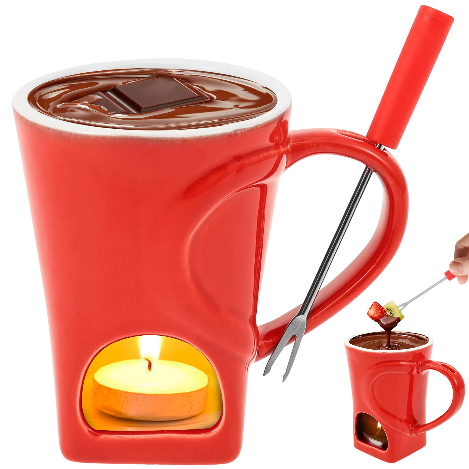 Sesaver Ceramic Chocolate Fondue Mug with Fork, Tealight Cheese Warmer and Melting Cup for Butter Candy Caramel, Compact Fondue Melter Set for Home Date Night and Gifts