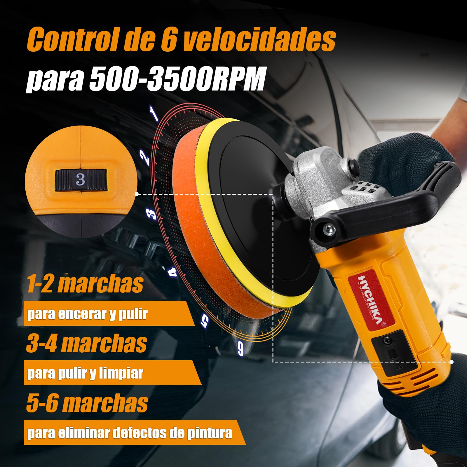 HYCHIKA Pulidora Coche 1580W, Pulidora Rotativa Con 6 Velocidades Control Variable, Pulidora Con Motor de Cobre Puro, con Almohadilla de Pulido de 180 mm, Kit Pulido Coche