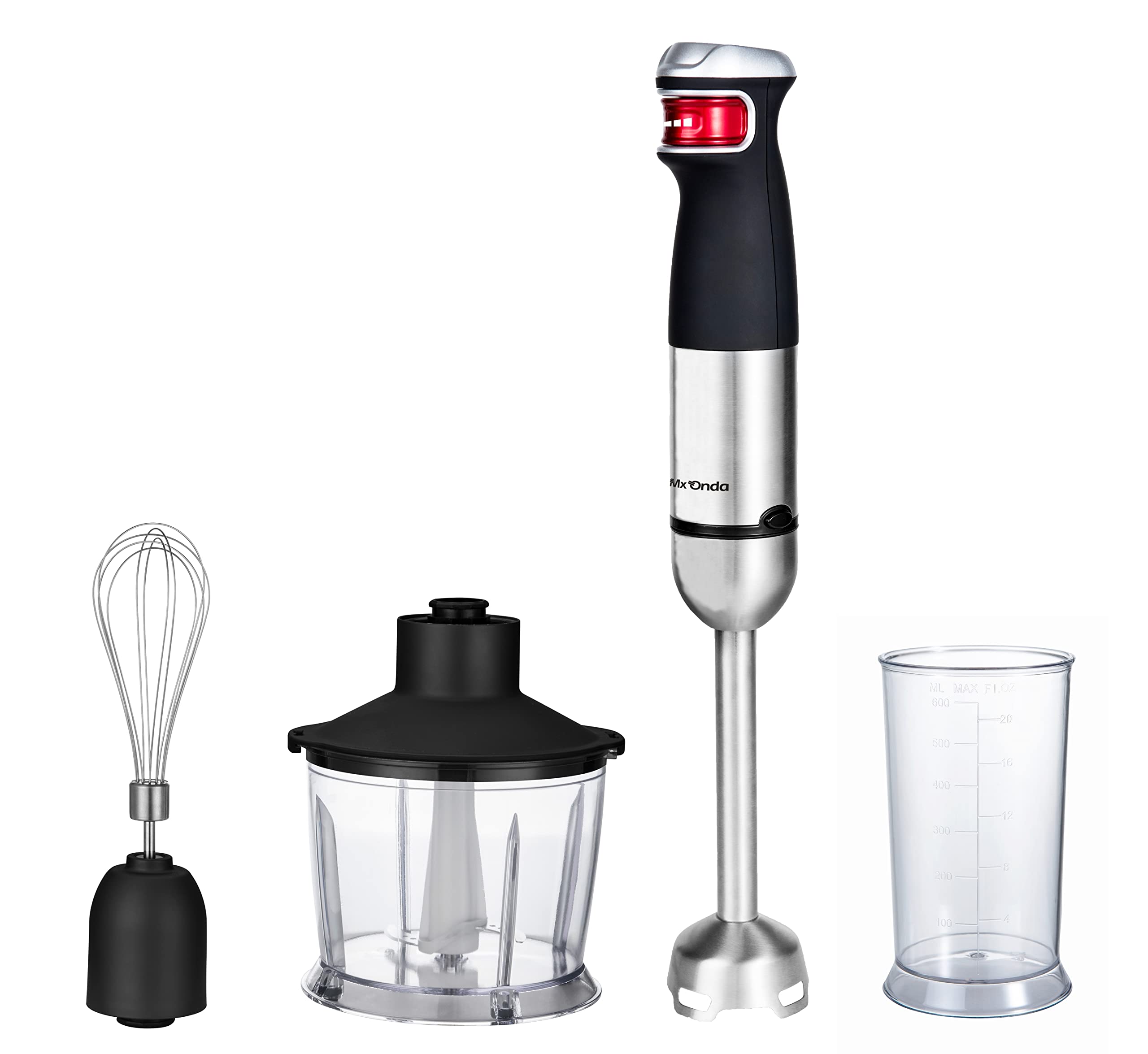 Mx Fala Blender ręczny, 1200 w z elektroniczną regulacją prędkości ciśnieniowej, system 4 ostrzy ze stali nierdzewnej (z siekaczem i akcesoriami do trzepaczki)