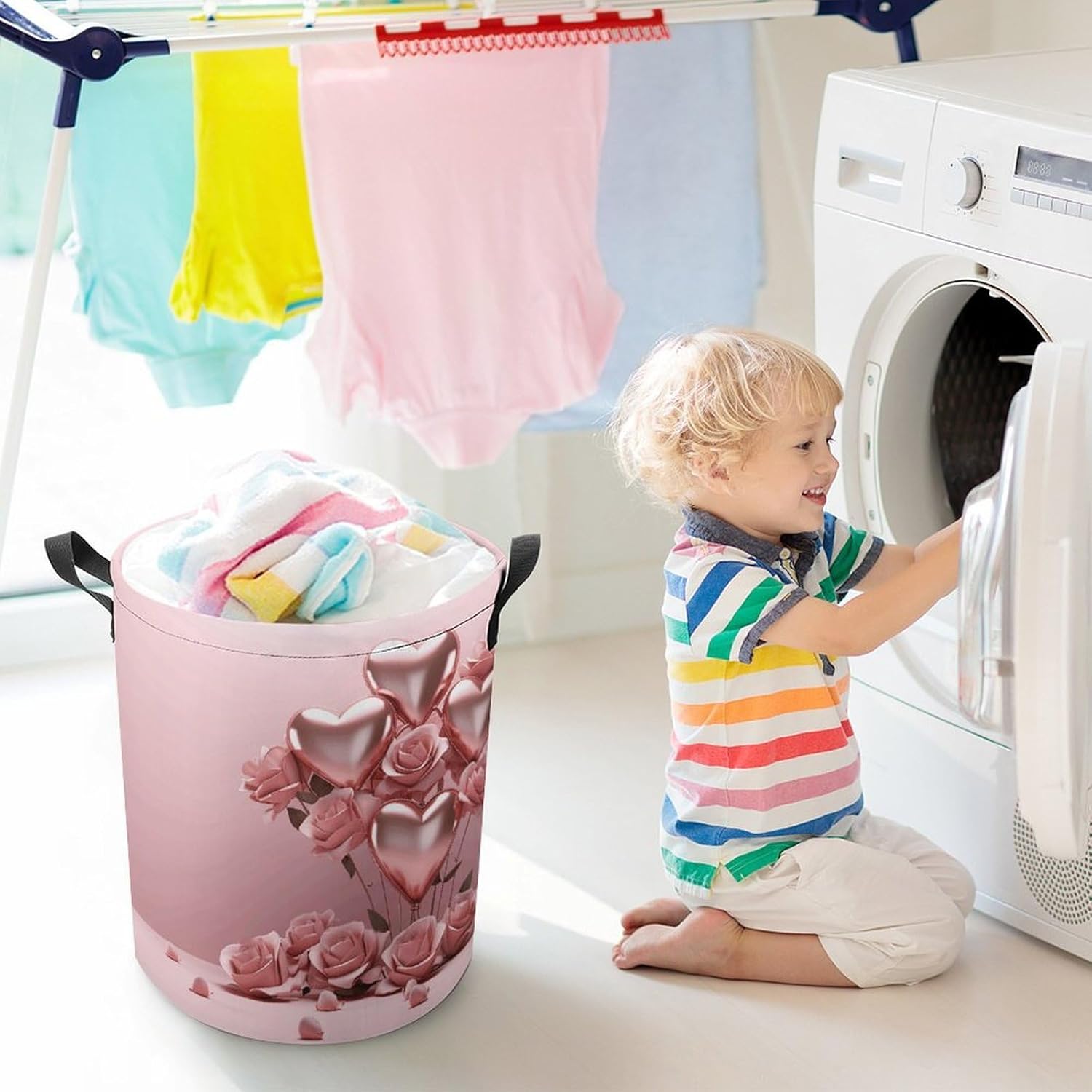 Pink Rose Balloon Heart Laundry Basket Collapsible Clothes Hamper with Reinforced Handles Large Capacity Waterproof Laundry Bag Freestanding Laundry Hamper for Bedroom Bathroom