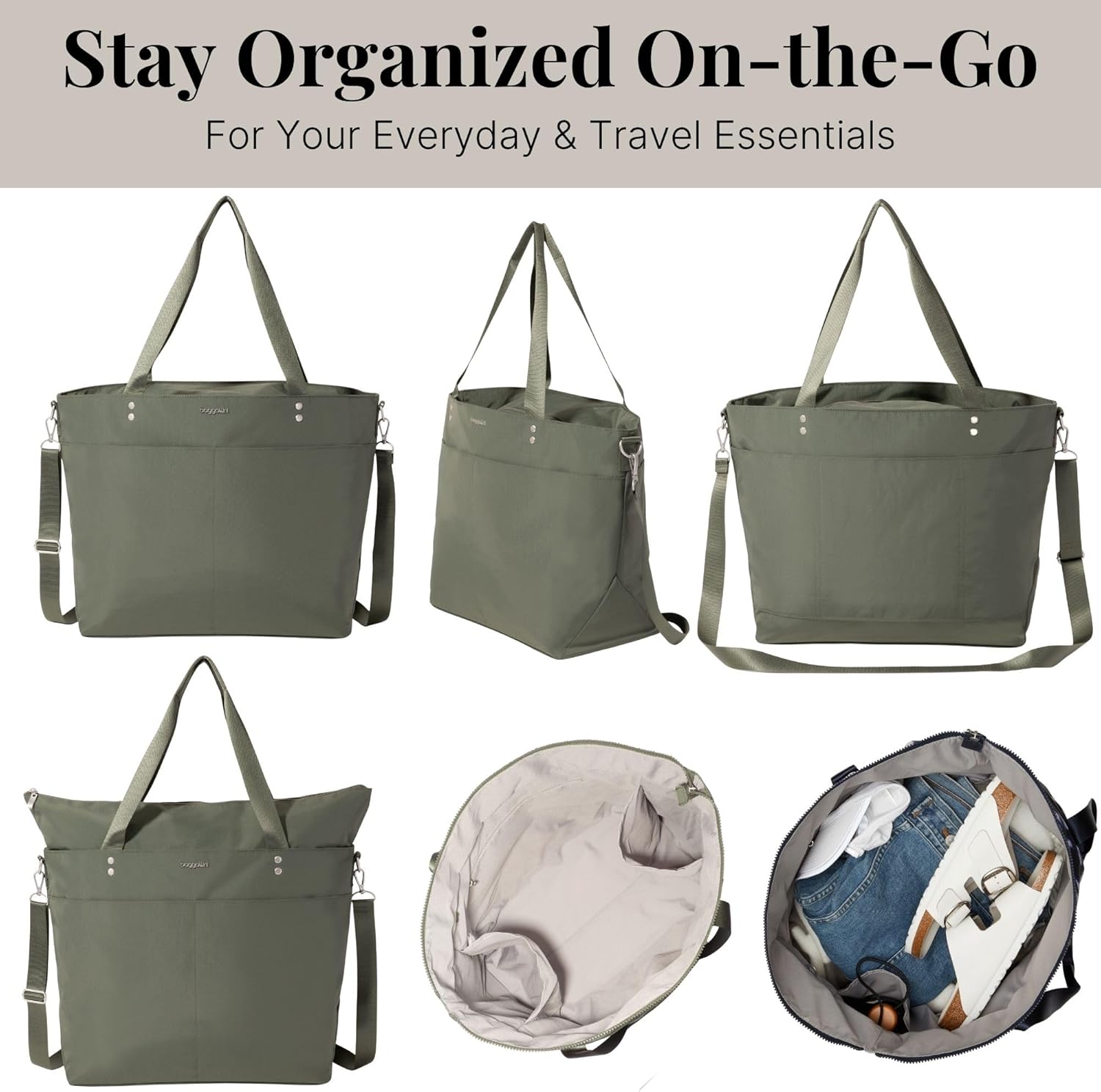 Baggallini Carryall Tote - Lightweight Nylon Zipper Top Weekender Travel Beach Bag w/Luggage Sleeve