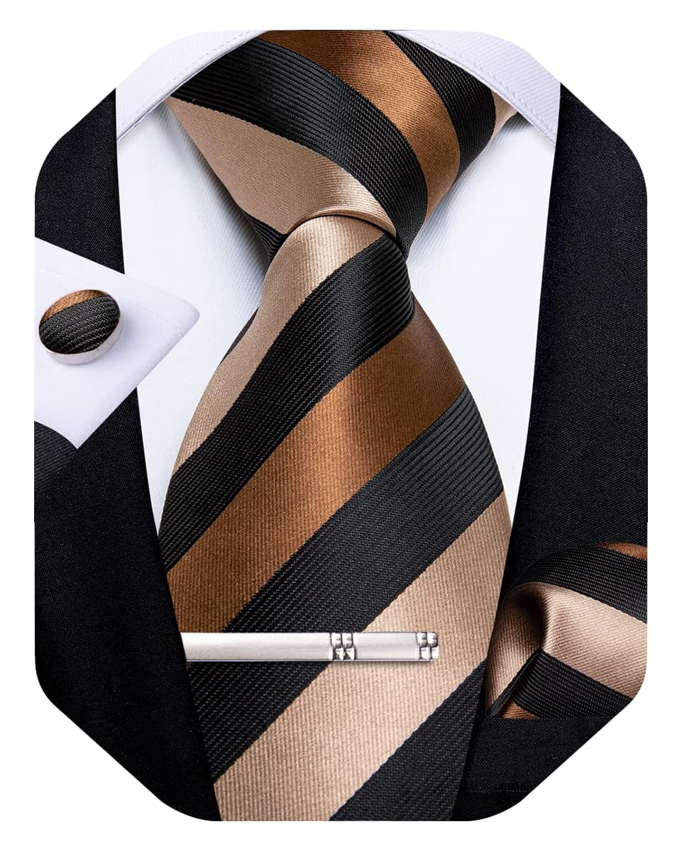 DiBanGu Mens Striped Tie Silk Woven Necktie and Pocket Square Cufflinks Tie Clip Set Wedding Business Formal Gift Tie for Men