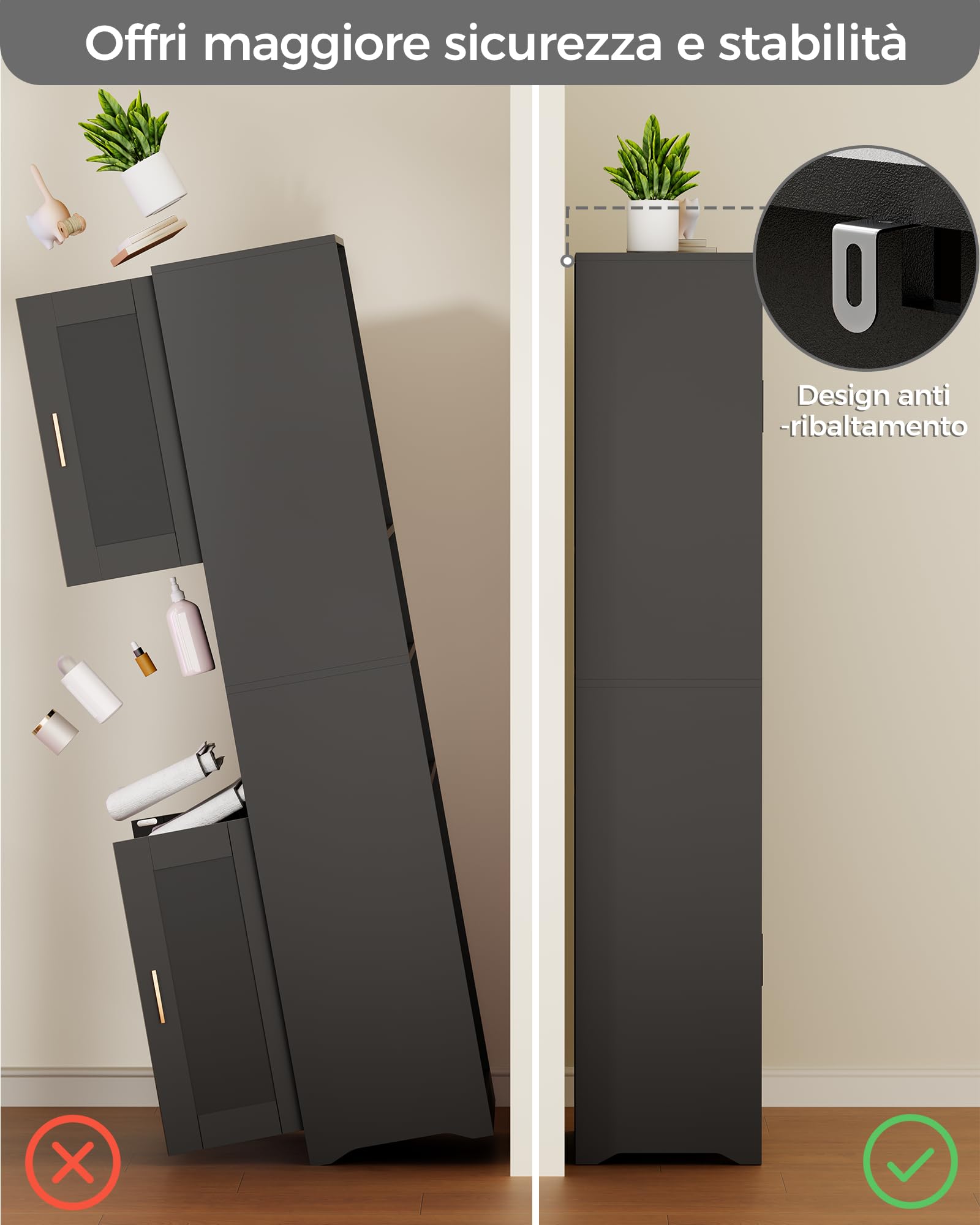 BEWISHOME Mobile Alto da Bagno,rredo Bagno, Mobiletto Bagno Salvaspazio, | Mobiletto Portaoggetti con Spazio Aperto, per Sala da Pranzo, Salotto, Soggiorno, Cucina 30x60x170cm Nero EYYG09B