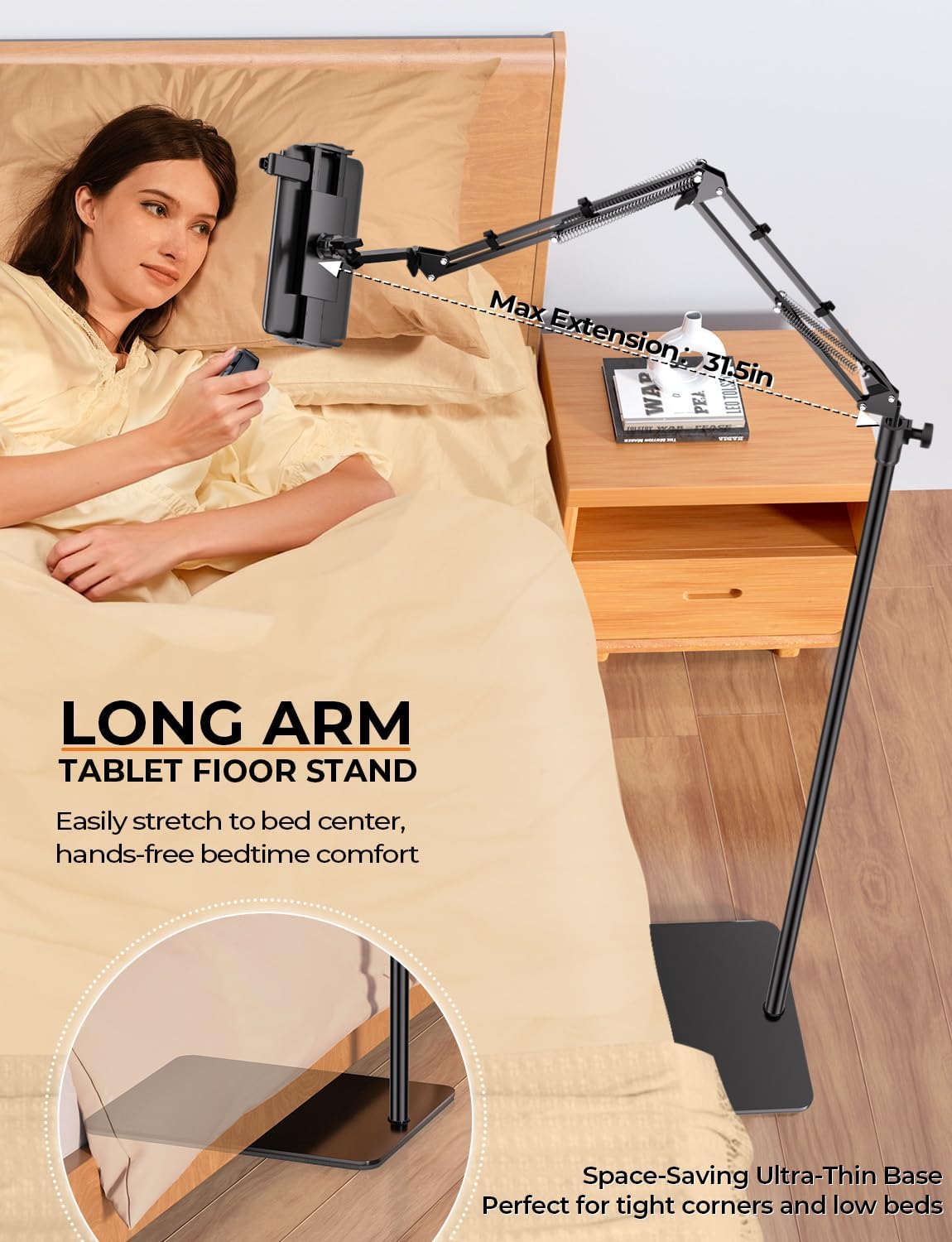 Tryone Tablet Floor Stand for Kindle Holder: E-Book Bed Mount with Page Turner Remote & Flexible Adjustable Arm, 1.85 kg Heavy-Duty Metal Base Compatible with Devices from 4.7-16.1 inches (Black)