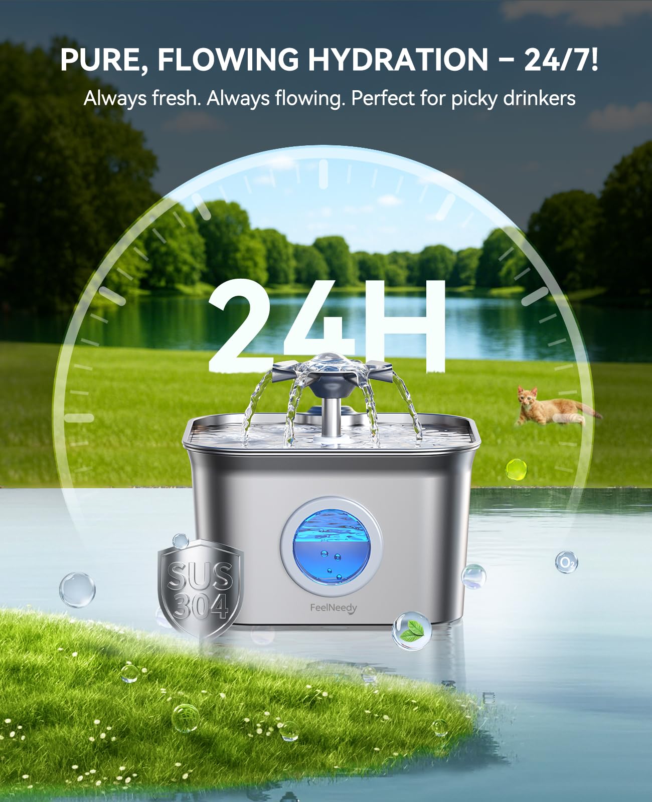 FEELNEEDY Fontana per Gatti 2,8 L, Fontana per Gatti in Acciaio Inossidabile con 3 Filtri, Ultra Silenzioso, Livello dell’Acqua Visibile, Lavabile in Lavastoviglie