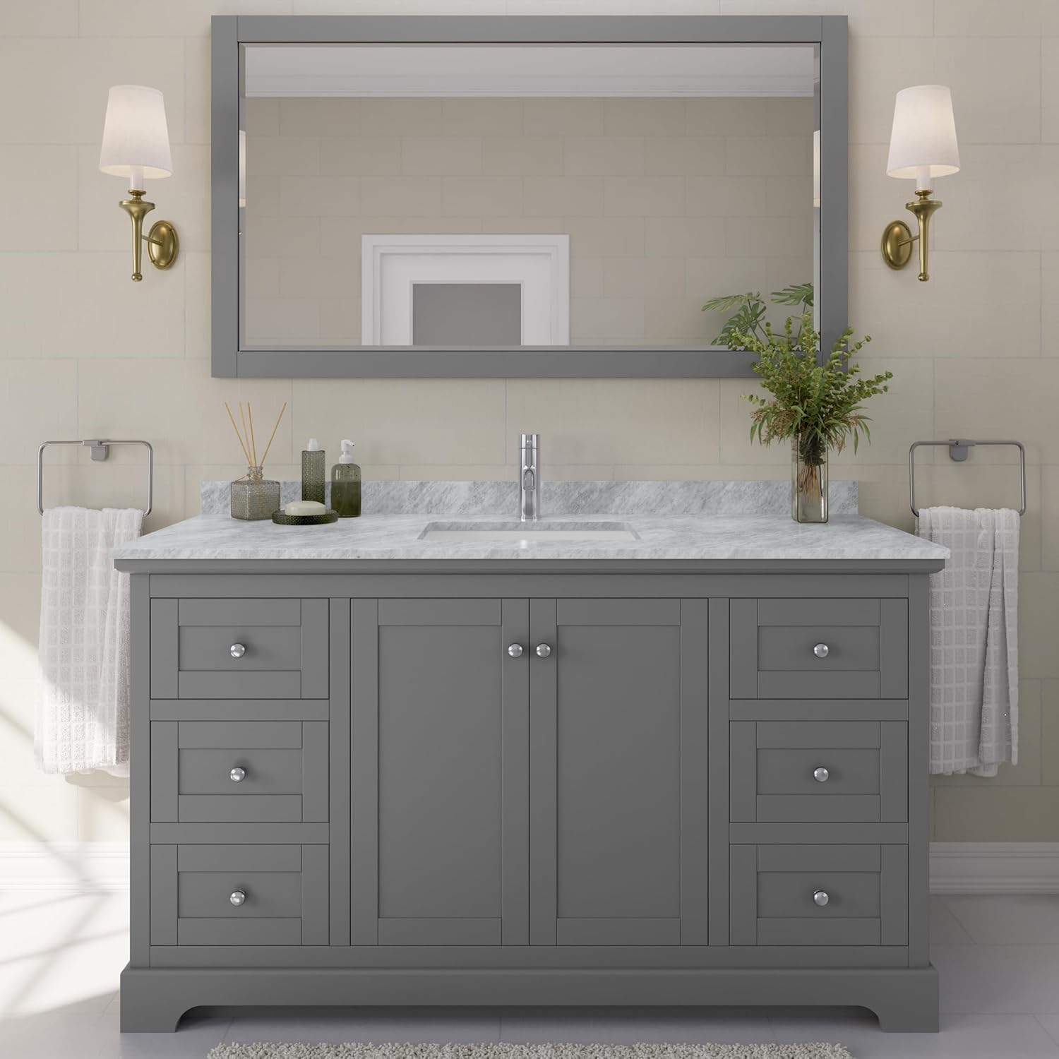 Wyndham Collection Avery 60 Inch Single Bathroom Vanity in Dark Gray, White Carrara Marble Countertop, Undermount Square Sink, and No Mirror