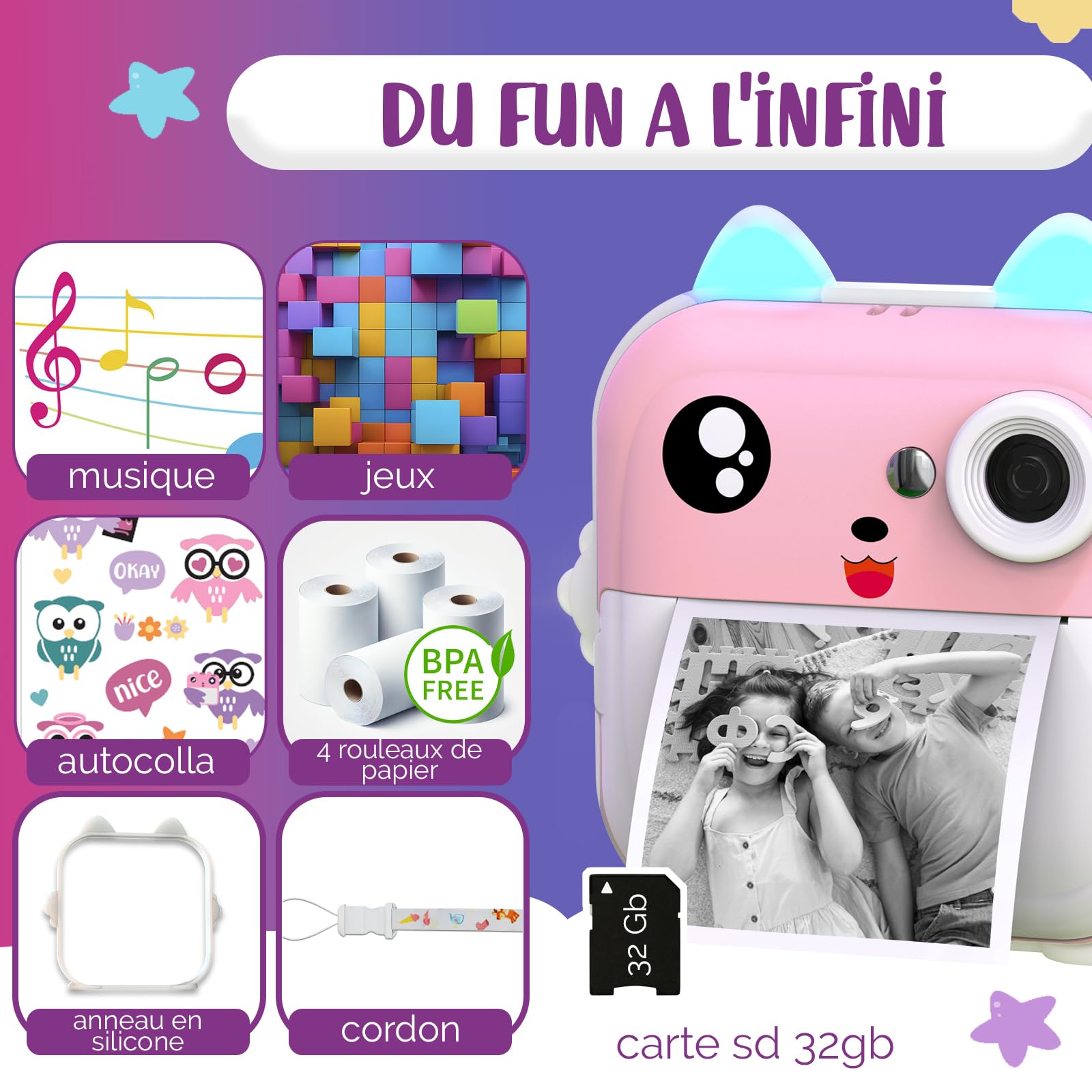 Appareil Photo Instantané pour Enfants - Bluetooth 48MP - Carte 32 GB