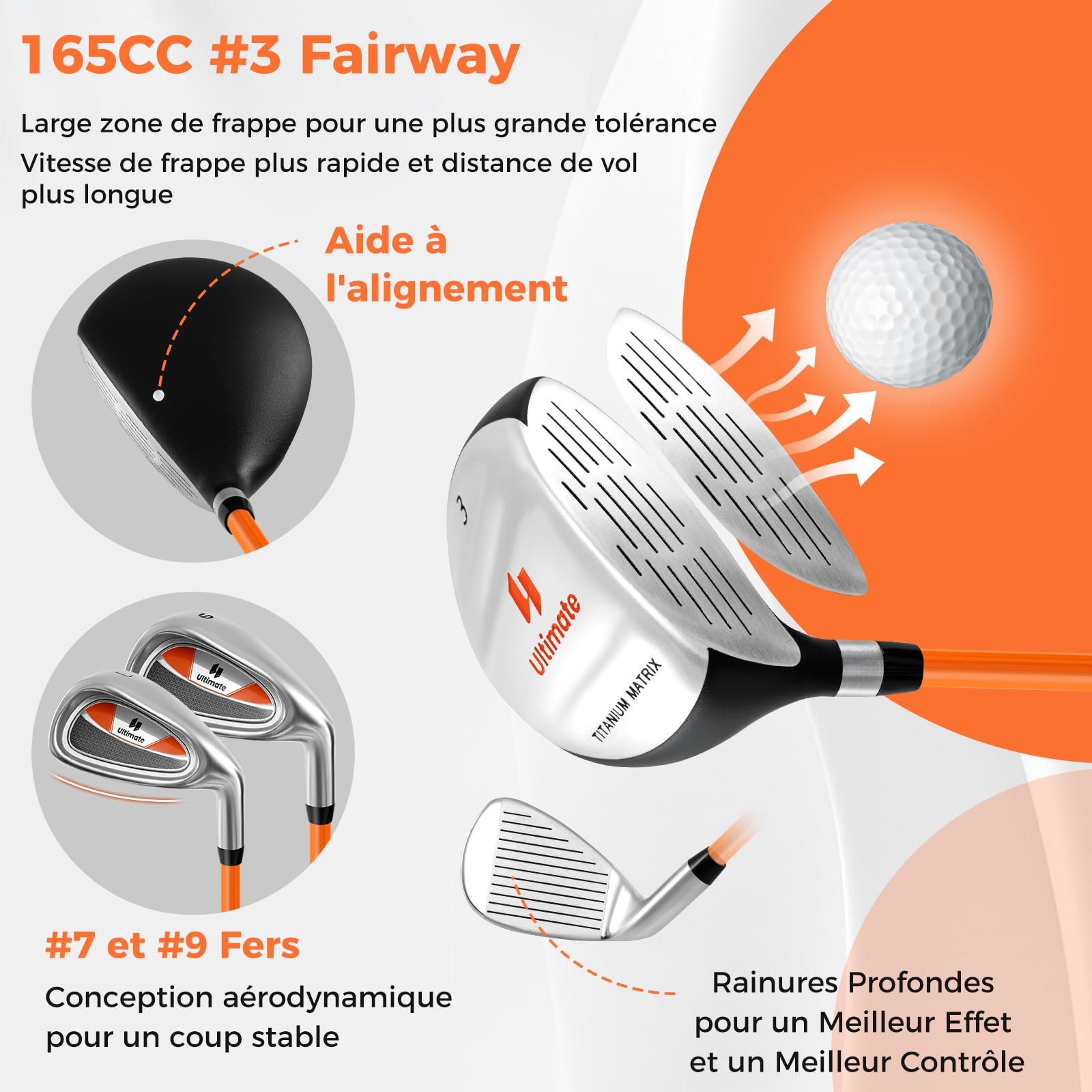 COSTWAY Ensemble de Golf Complet pour Enfants, avec 205CC #3 Fairway #7 & #9 Fers Putter Couvre-tête et Sac de Support & Protecteur de Pluie, pour Enfants