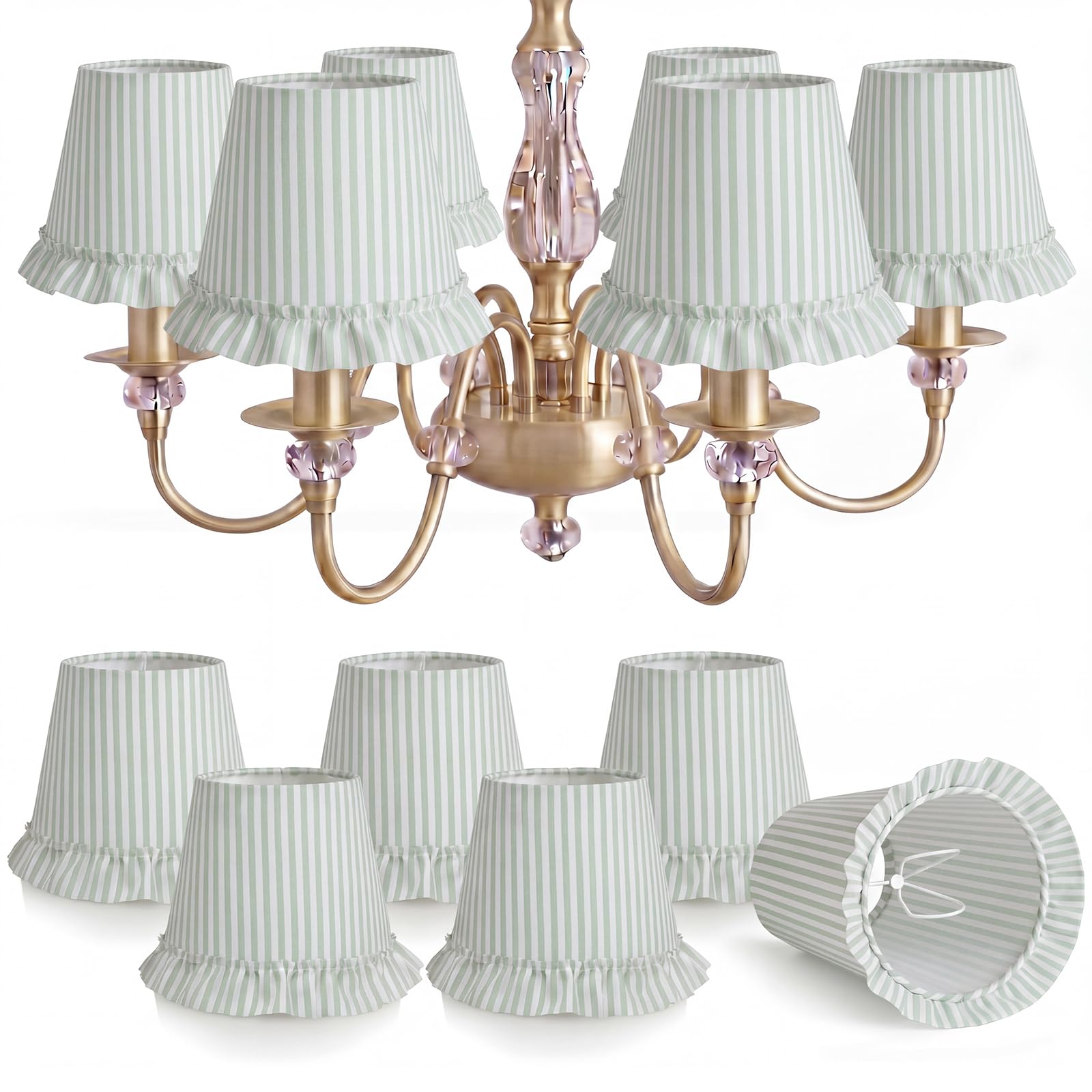 Gerrii 6 Pcs Striped Ruffled Chandelier Lampshade Lamp Shade with Ruffle Trim 3.9" Top x 6.3" Bottom x 5.1" Slant Height Farmhouse Home Decor Clip on Lamp Shades for Table Bedroom Gift(Green)