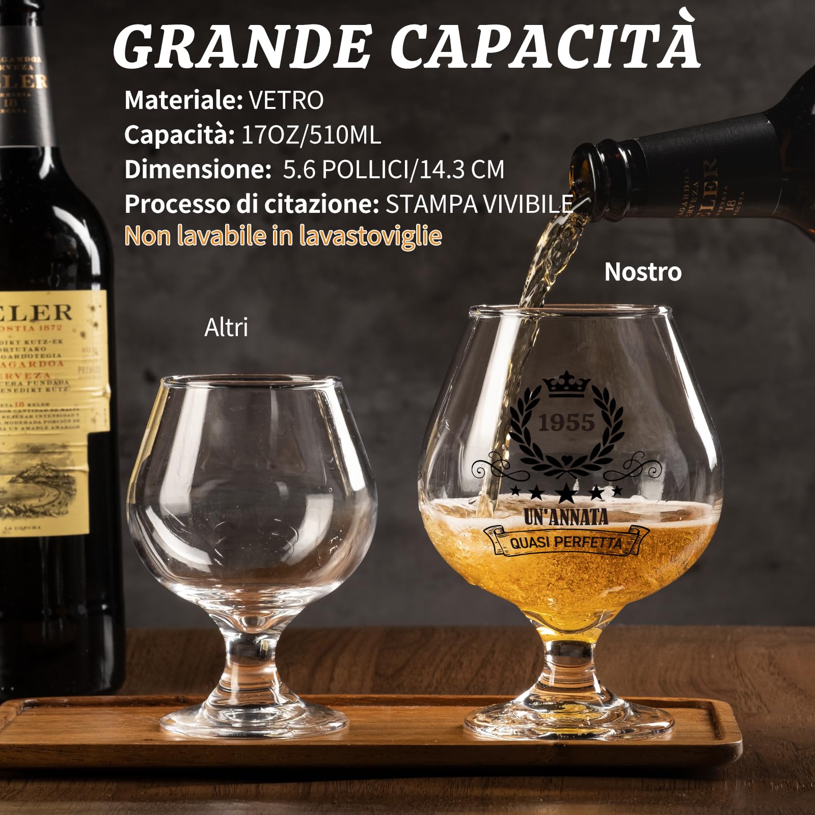 Regalo 70 Anni Per Uomo - Bicchiere Birra Vetro + Sottobicchiere Bambù, Inciso '1954 Annata Quasi Perfetta' - Foto 2