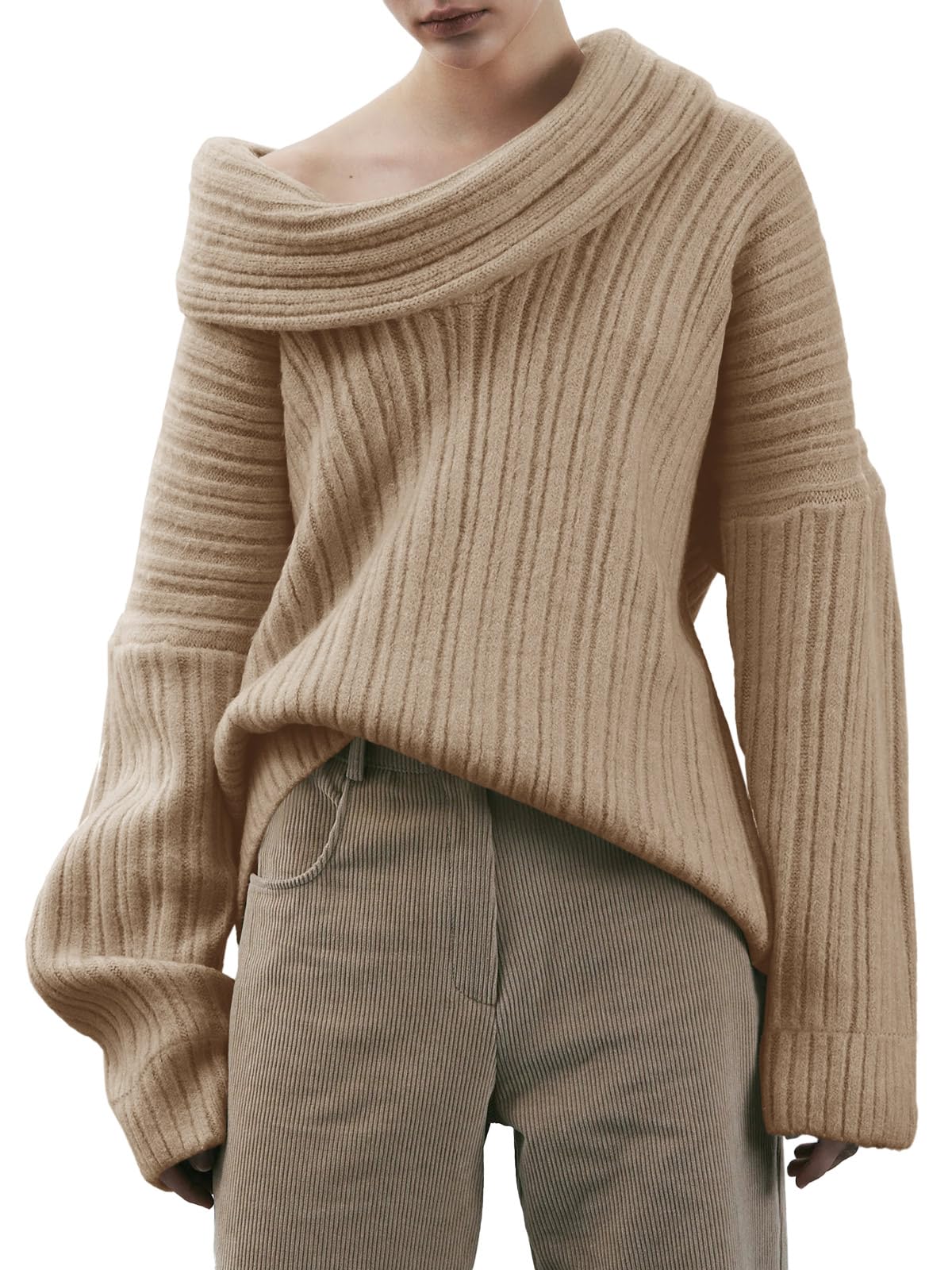 Saodimallsu Womens Off The Shoulder Sweater Top Oversized Fall Batwing Boat Neck Knit Sexy Casual Pullover Khaki Small