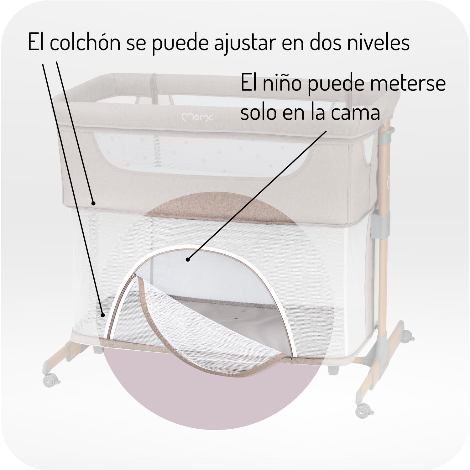 Momi La Cuna Smart Bed multifunción 4 en 1, Cuna colecho y Parque, para niños de hasta 15 kg, con Ajuste de Altura de 5 Posiciones, con colchón, Correas de sujeción y Ruedas