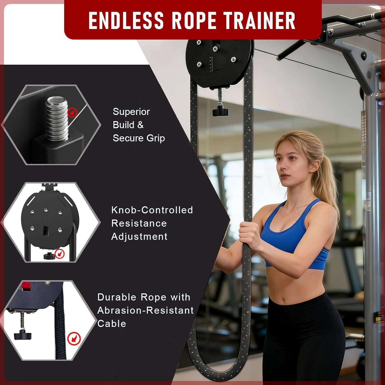Sistema de polea de cable de entrenamiento de cuerda sin fin montado en la pared con resistencia ajustable de 30 kg para agarre de brazo y espalda, gimnasio en casa, entrenamiento cardiovascular