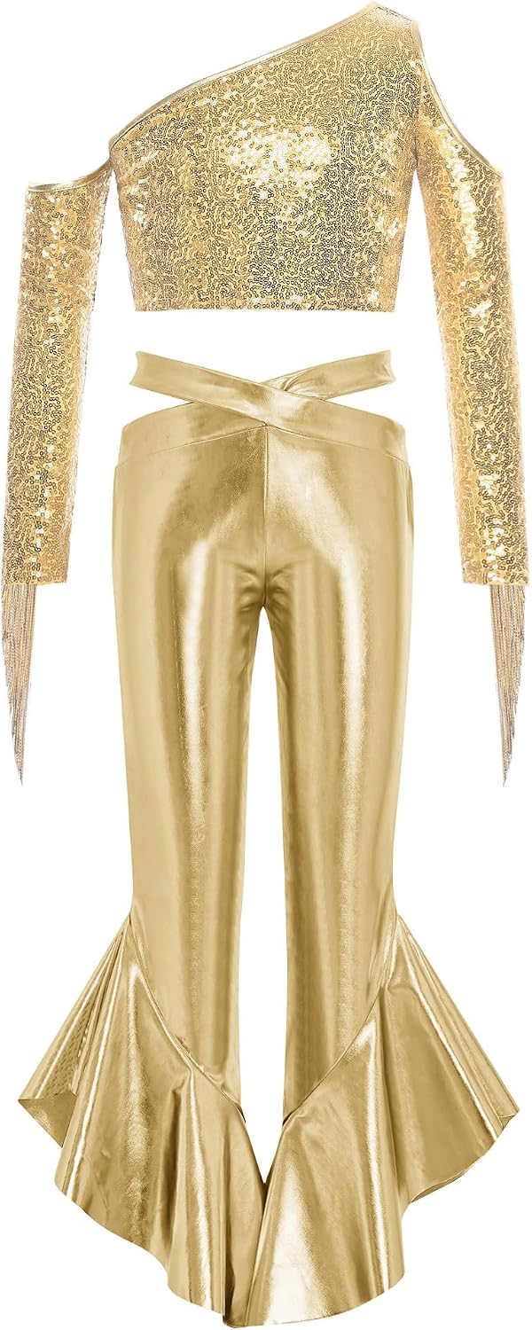 Shiny Pants for Girls Stage Performance Clothes Sets Jazz Hip Hop Dance Tops Party Outfits Streetwear