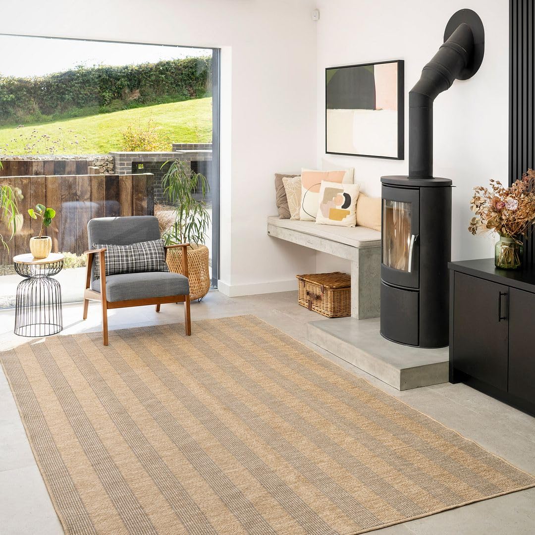 The Rug House Machine Washable Jute Like Cotton Striped Pattern Light Biege Textured Neutral Nature Inspired Livingroom Kitchen Hallway Rugs 190cm x 280cm (6ft 3" x 9ft 2")