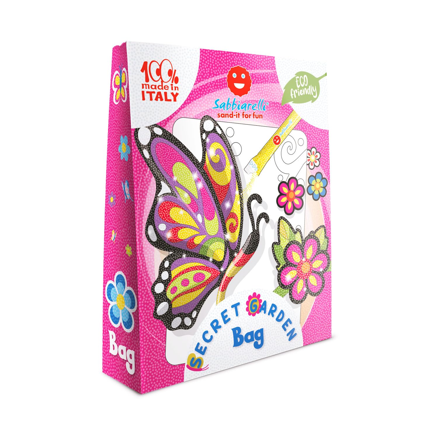 Sabbiarelli Sand-it For Fun – Bag Secret Garden | Mini Kit di Sand Art a Tema Fiore e Farfalla 100% Made in Italy con Sabbia Colorata e Disegni Adesivi | Hobby Creativi Adulti e Ragazzi 10+