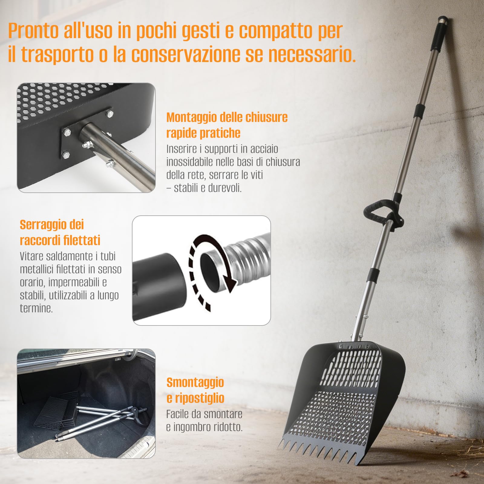 Pala lunga per pollo, multifunzione, per pollaio, separazione di feci e detriti di sabbia, pala per pollaio, per pollaio (172 cm)