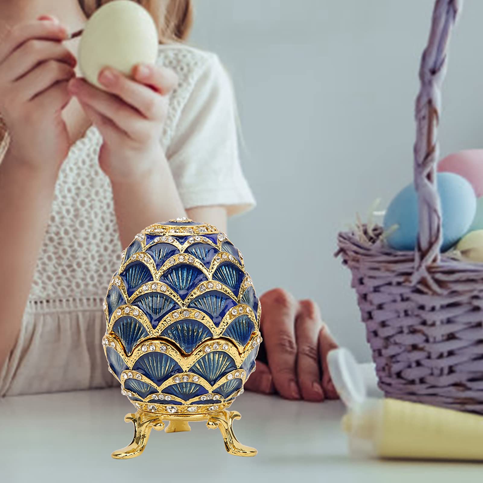 Muiltvoe Easter Egg Trinket Box, Enameled Jewelry Organizer with Hand Embedded AB, for Storing Rings Earrings Necklaces Home Office Decoration