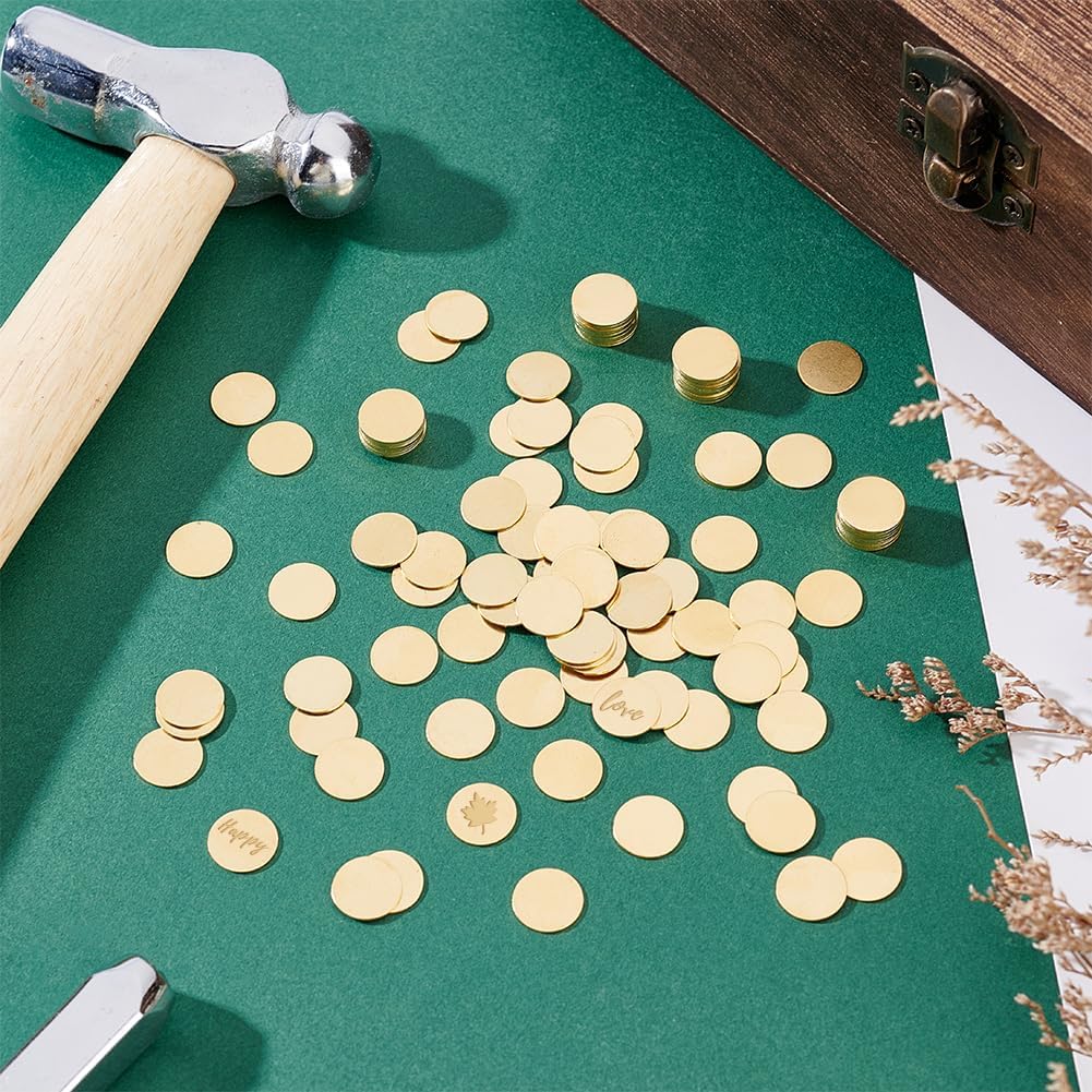 PH PandaHall 200pcs Brass Stamping Blanks, 10mm Metal Tags 24 Gauge Circle Brass Discs Circle Tags Golden Solid Blank Coins Stamping Discs for Earring Pendant Brooch Base Jewelry Craft Making, No Hole
