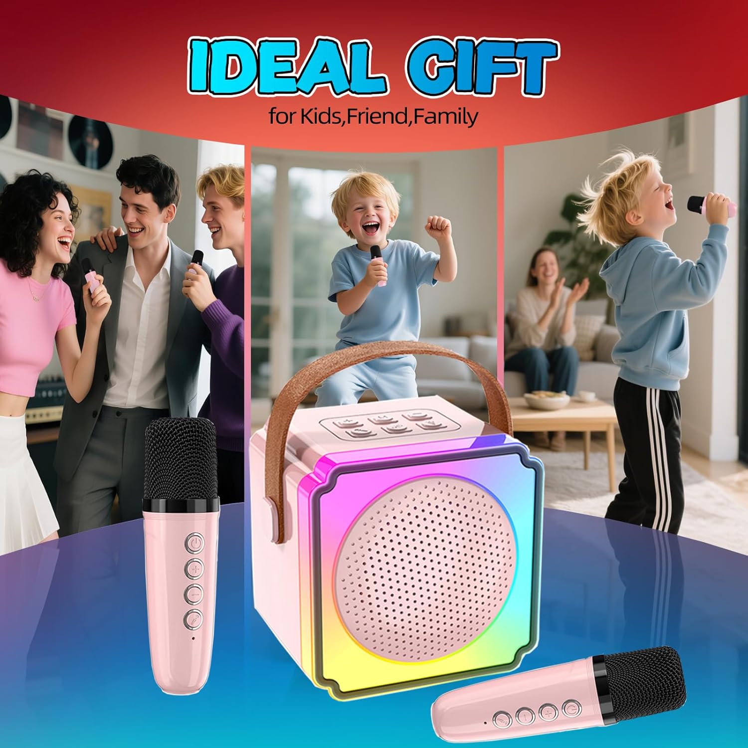 EFAILY Karaoke Machine for Kids, Christmas Birthday Gifts Toys Portable Bluetooth Speaker with 2 Wireless Microphones, Mini Karaoke Machine with LED Light for 4-12+ Years Old (Pink) - Image 6
