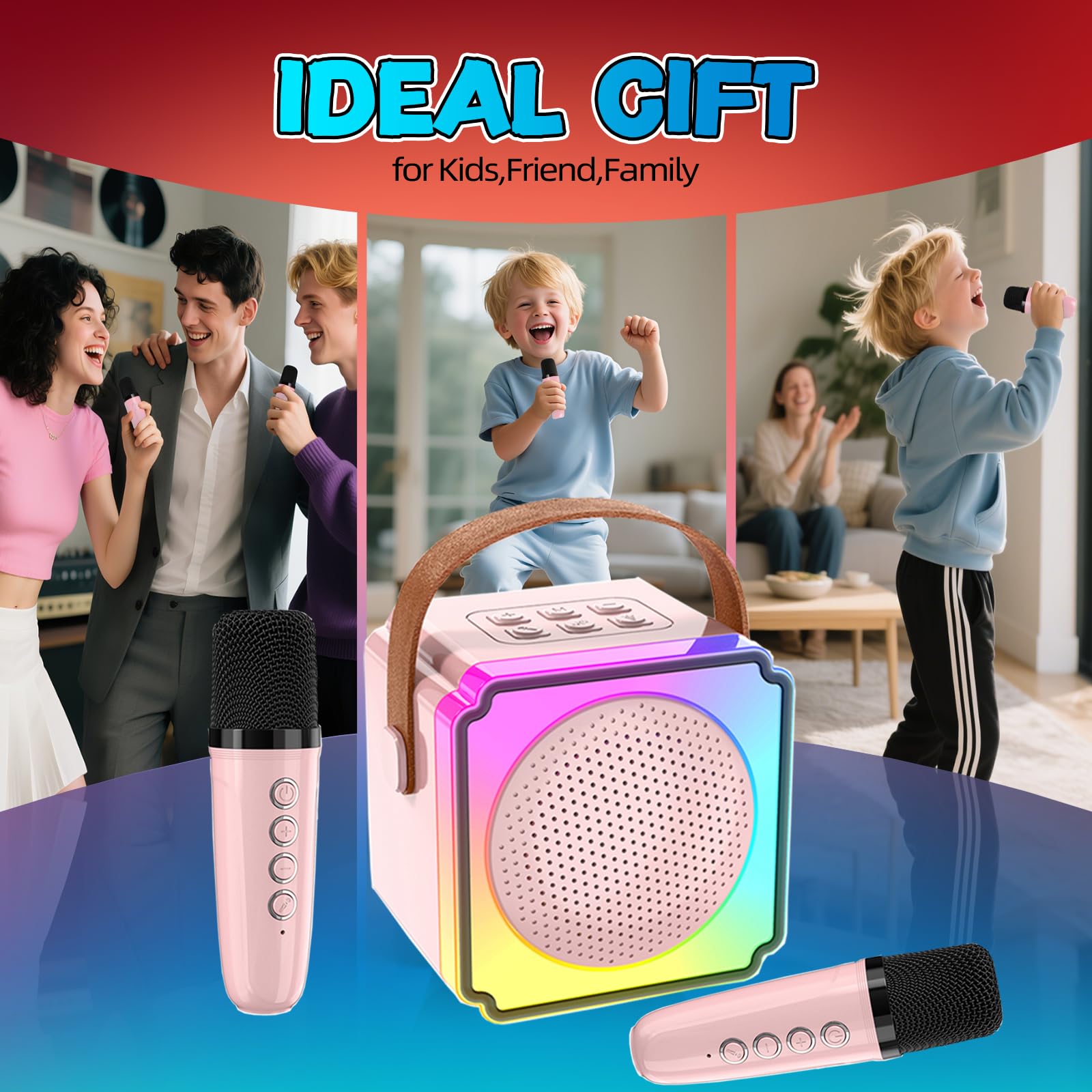 EFAILY Karaoke Machine for Kids, Christmas Birthday Gifts Toys Portable Bluetooth Speaker with 2 Wireless Microphones, Mini Karaoke Machine with LED Light for 4-12+ Years Old (Pink)