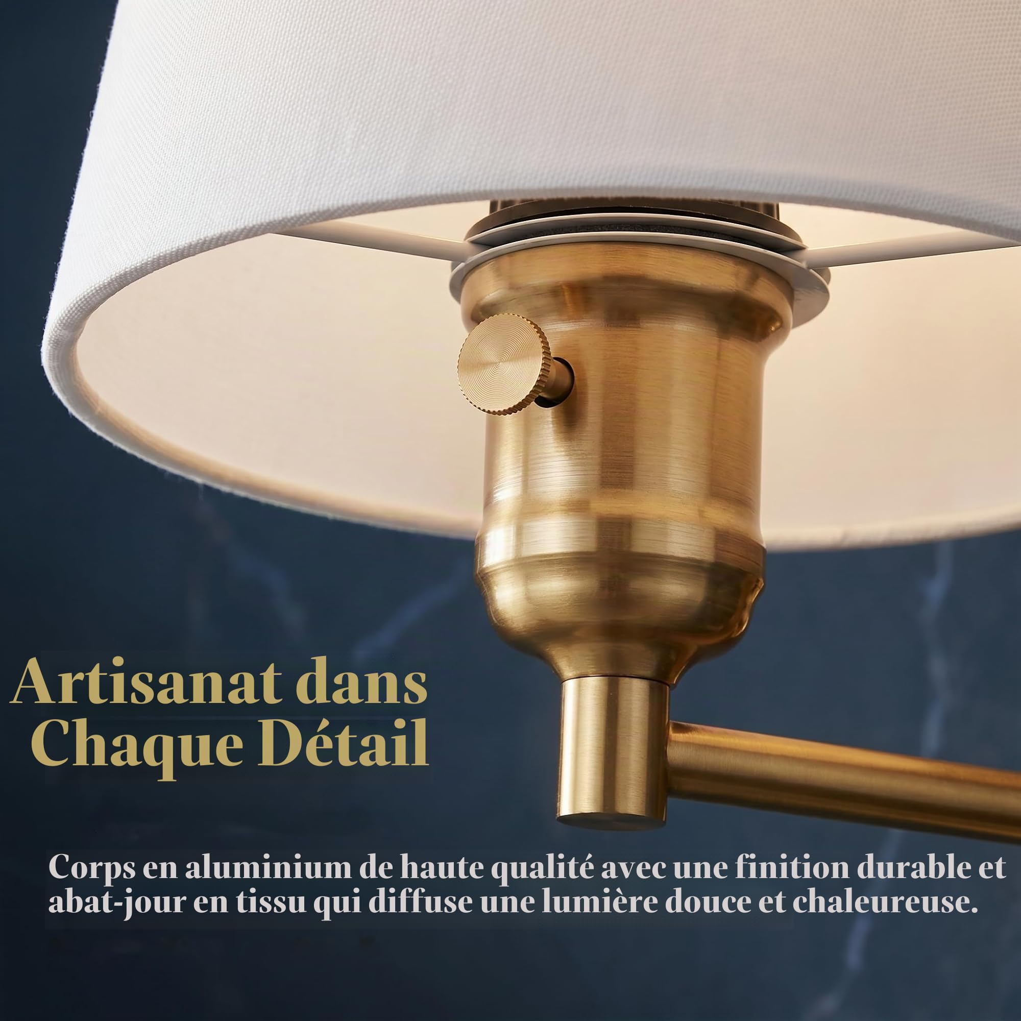 B·LED BARCELONA LED BarcelonaLED Applique murale à bras articulé moderne nordique doré avec câble de prise et interrupteur Abat-jour en tissu blanc Prise E27 pour lecture Chambre Chevet Hôtel