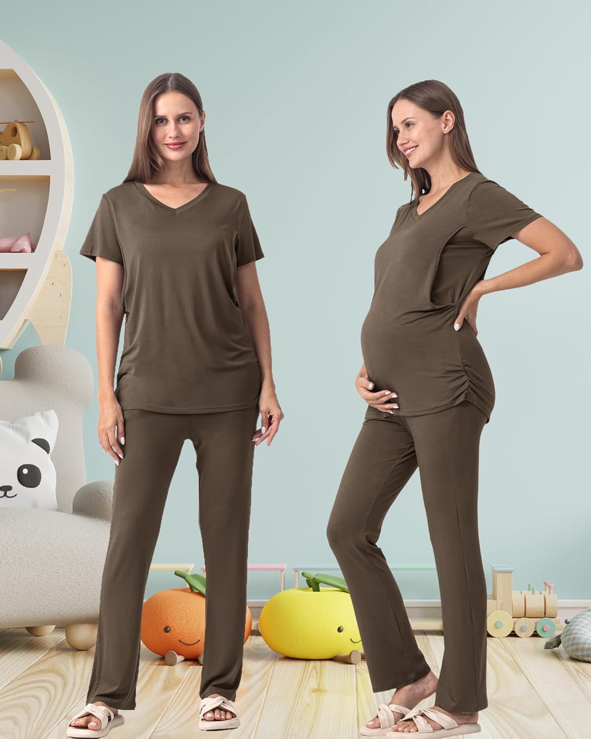 Rnxrbb V Neck Nursing Pajamas Set Postpartum Pjs Maternity Breastfeeding sleepwear for Women with Pockets 2 Pack - Image 5