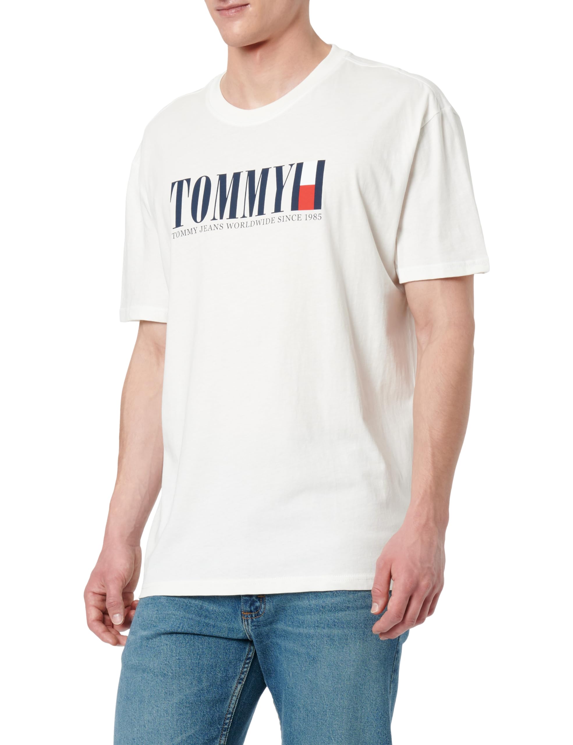 Tommy Jeans Men's White (Ecru) Tjm Reg Dna Flag Tee Ext Dm0dm21941 S/S T-Shirt, M Uk