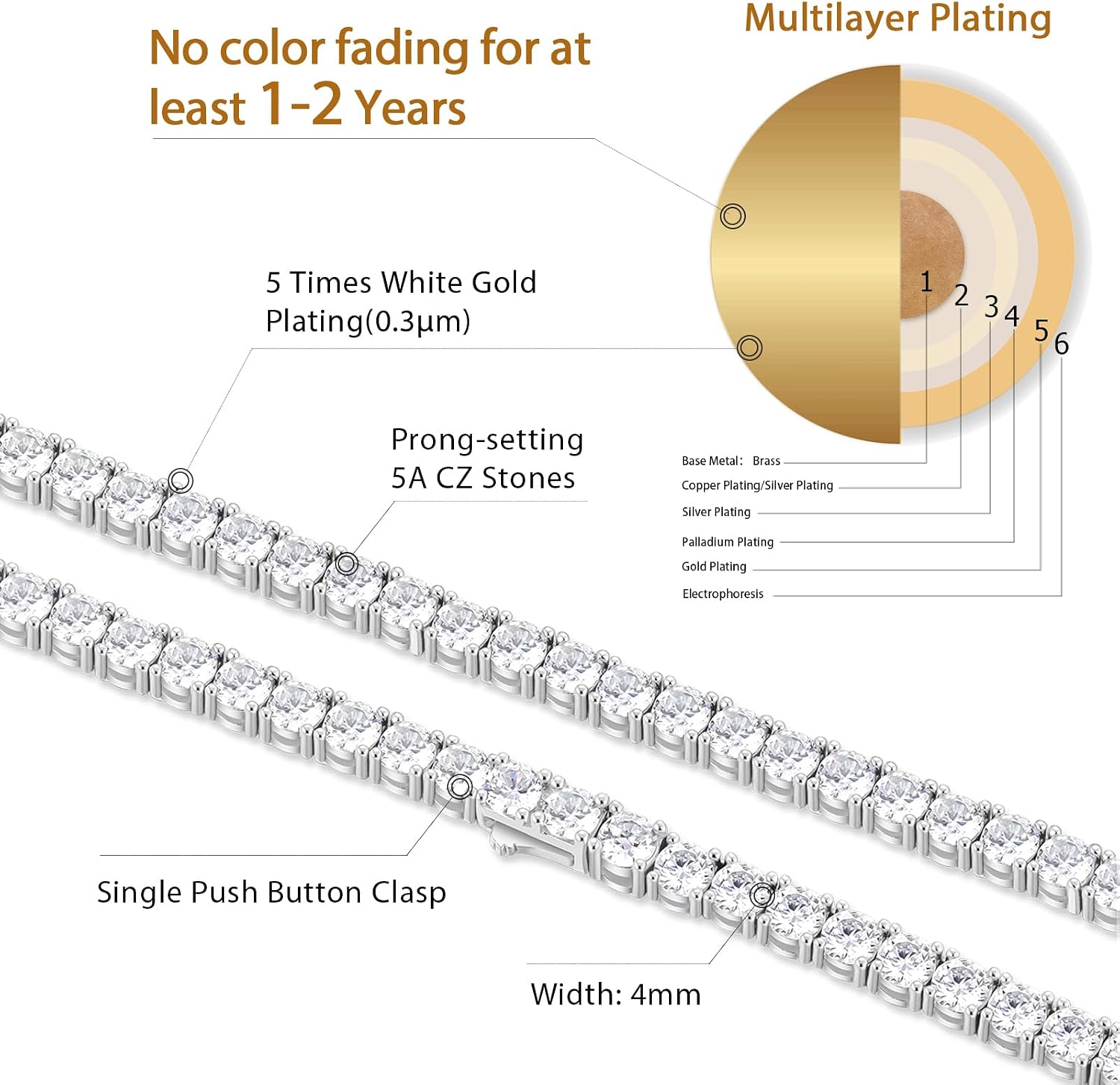 KRKC&CO Tennis Necklace Chain for Men, 3/4/5mm, Luxury Anniversary Birthday Gift for Him, Gold/White Gold/Black Iced Out Prong-Setting 5A Cubic Zirconia Stones Hip Hop Rappers Jewelrys